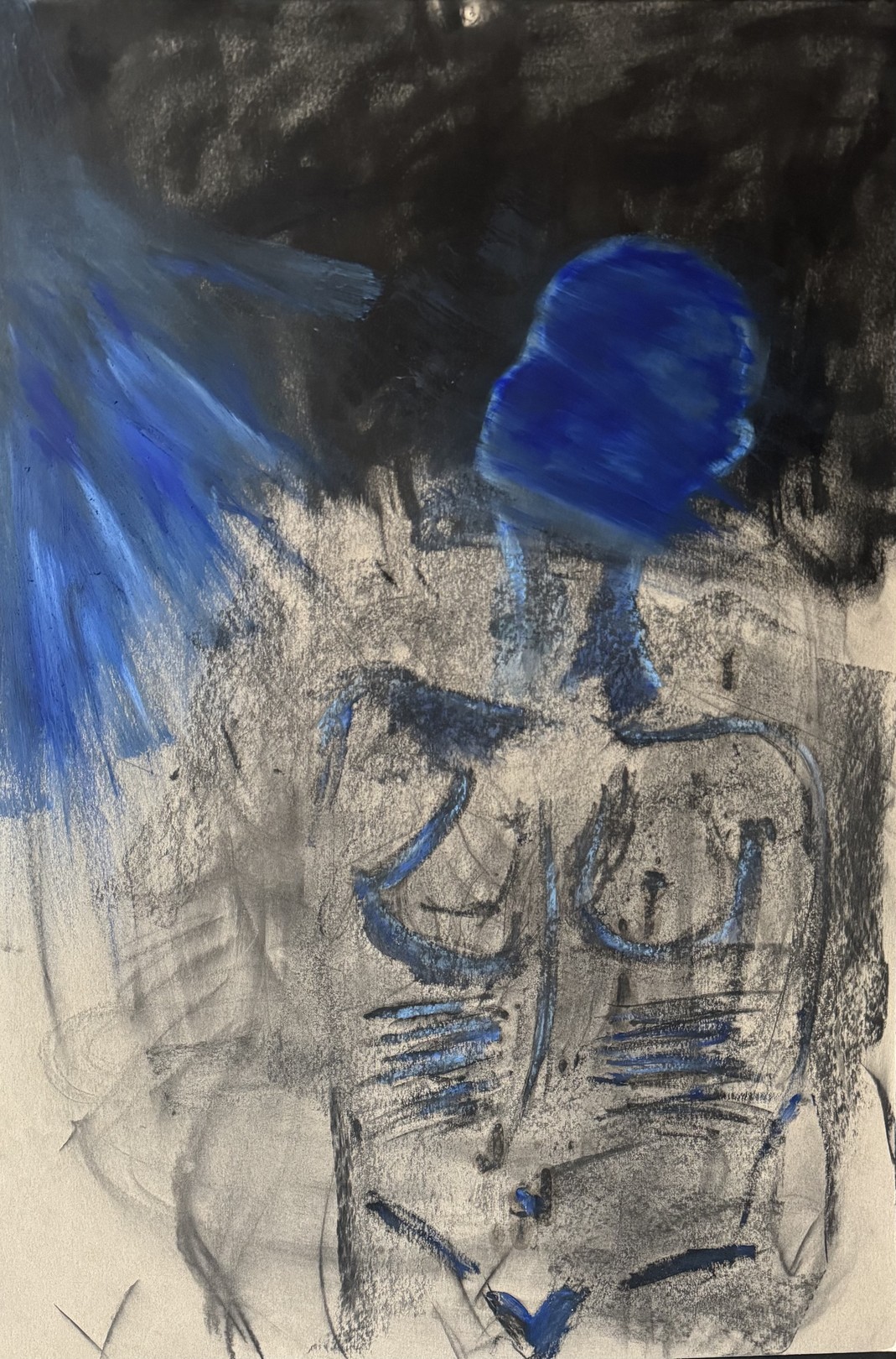 A charcoal drawing of a torso with a blue head against a dark, textured background.
