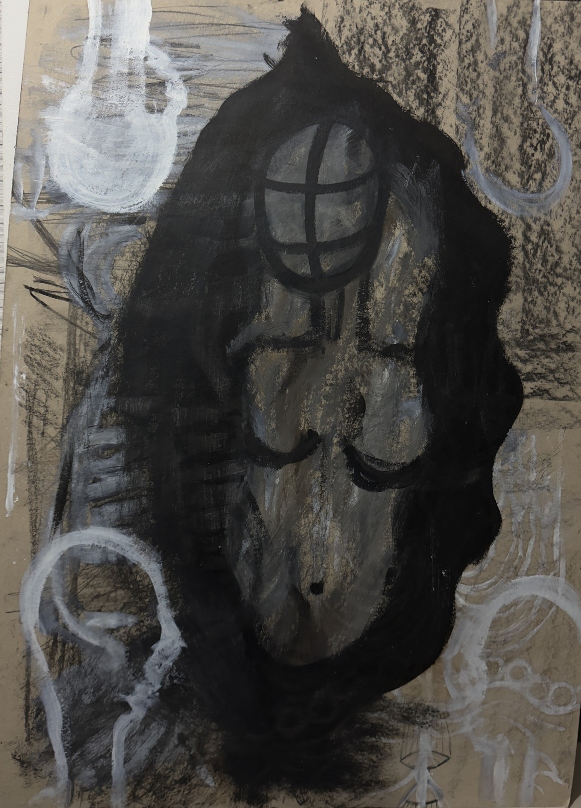 A black and white painting of a woman's face on a piece of paper.