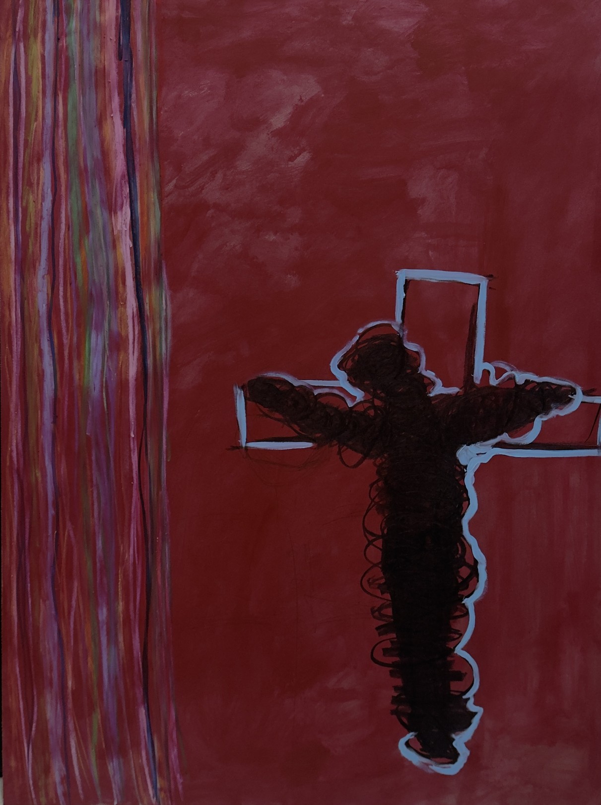 A dramatic composition featuring a dark, scribbled figure on a cross against a deep red background.