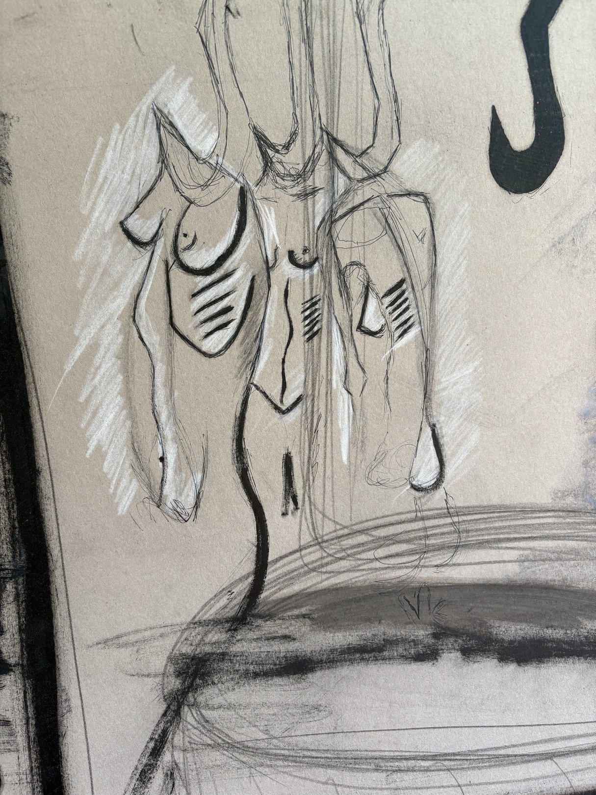 A split-panel artwork featuring abstract figures against a red polka-dot backdrop.