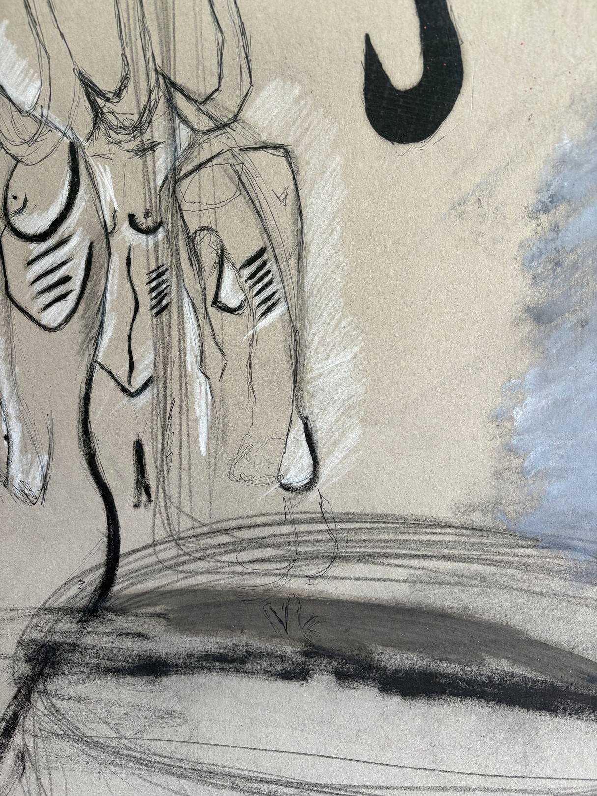 A split-panel artwork featuring abstract figures against a red polka-dot backdrop.