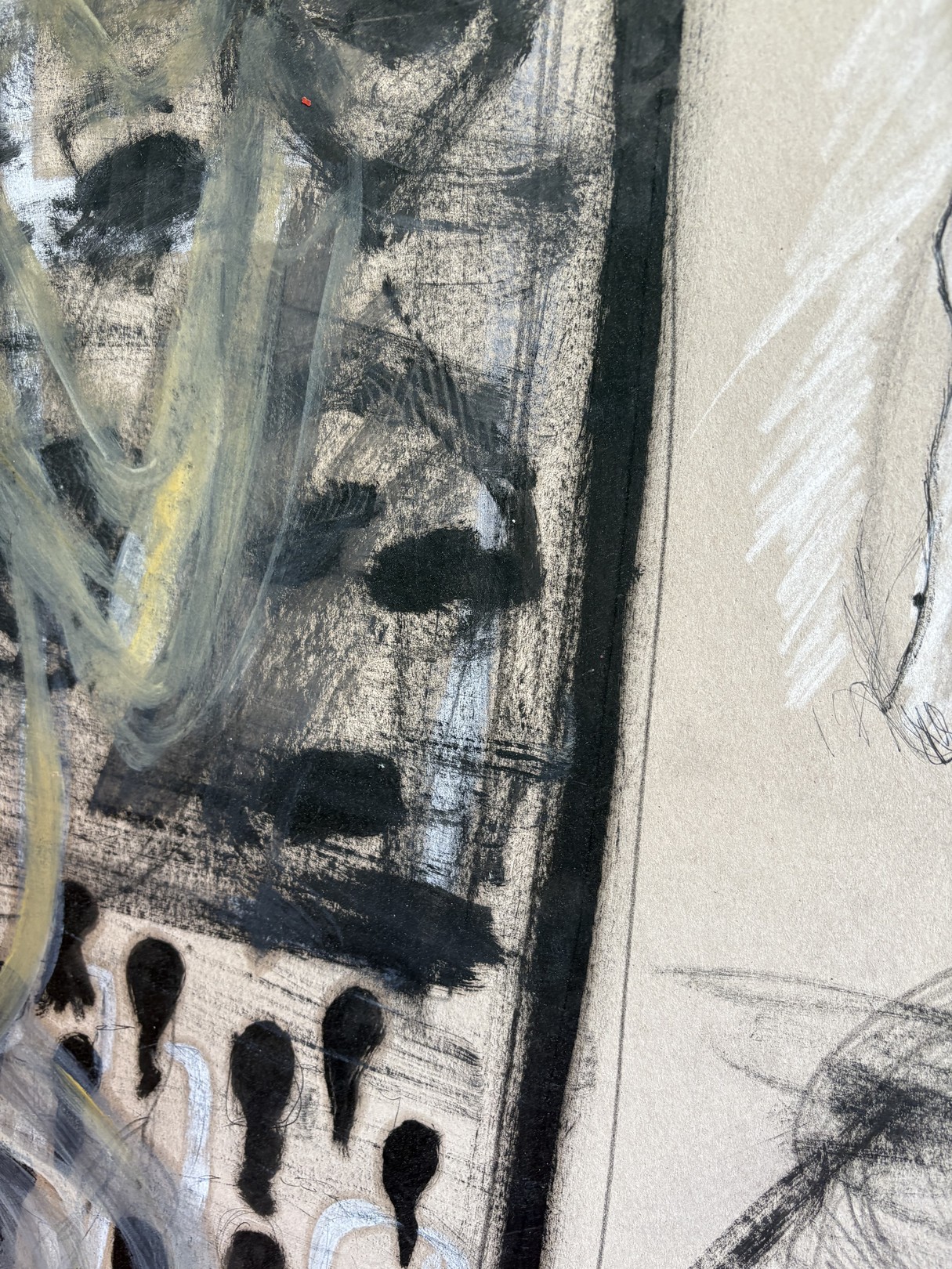 A split-panel artwork featuring abstract figures against a red polka-dot backdrop.