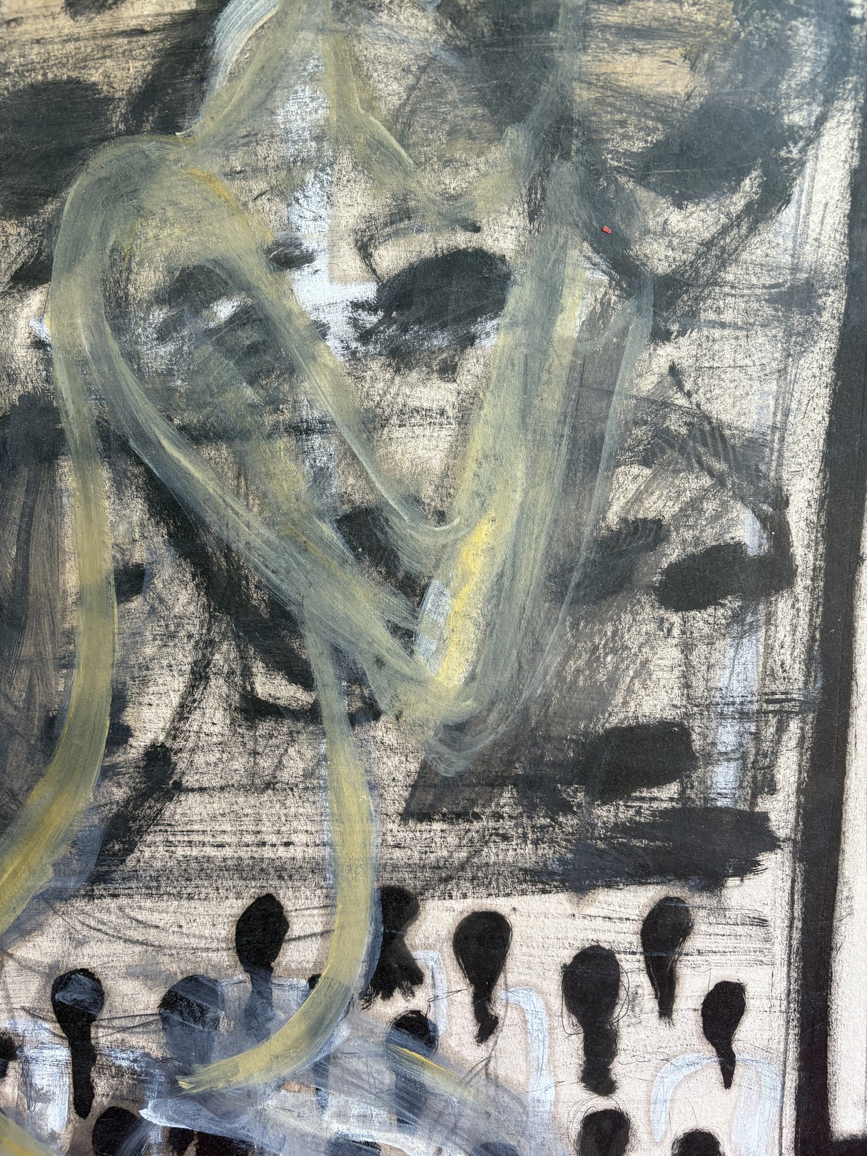 A split-panel artwork featuring abstract figures against a red polka-dot backdrop.