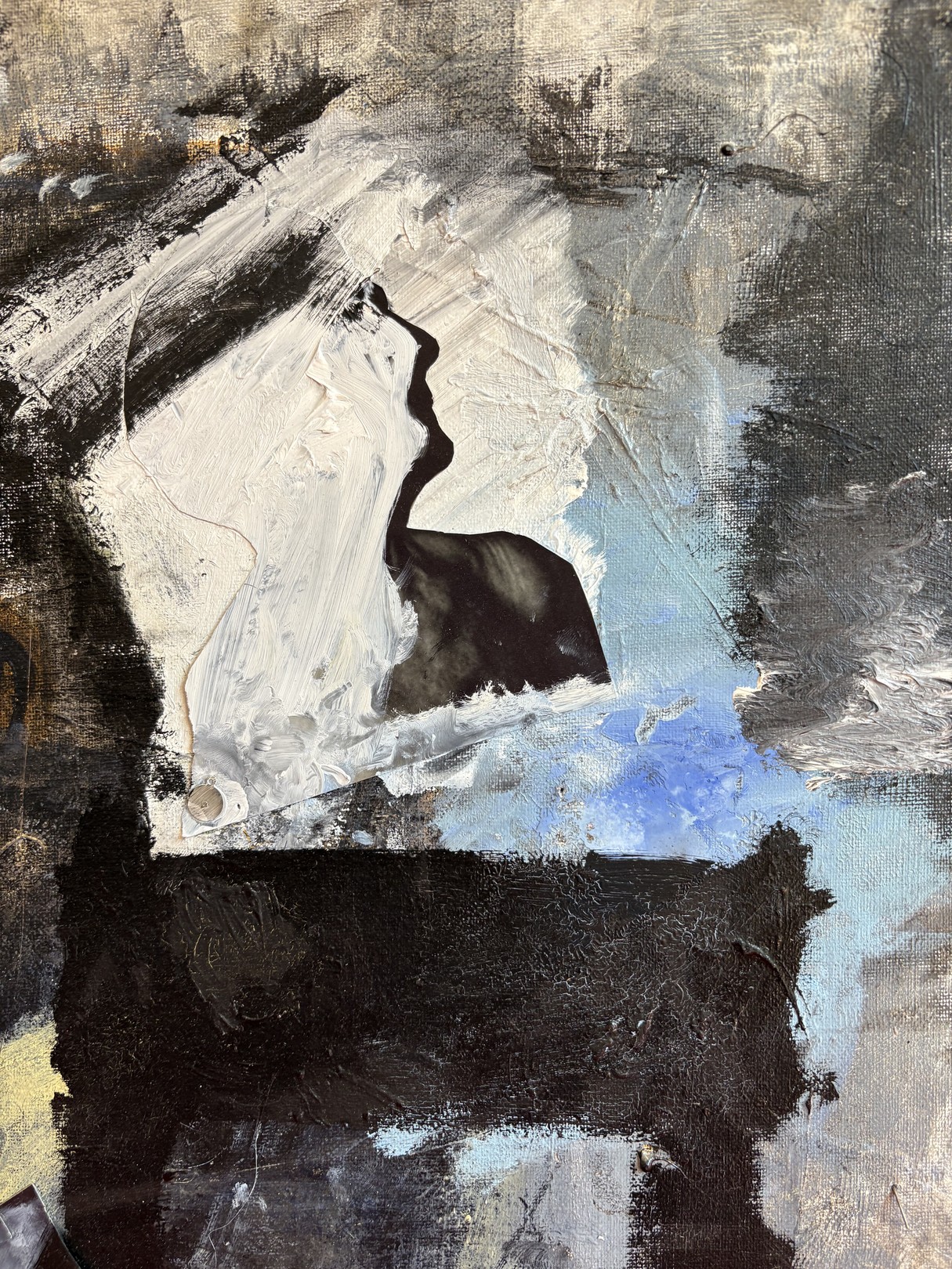 An abstract expressionist oil painting on canvas featuring a figure in shadow against a red surface.