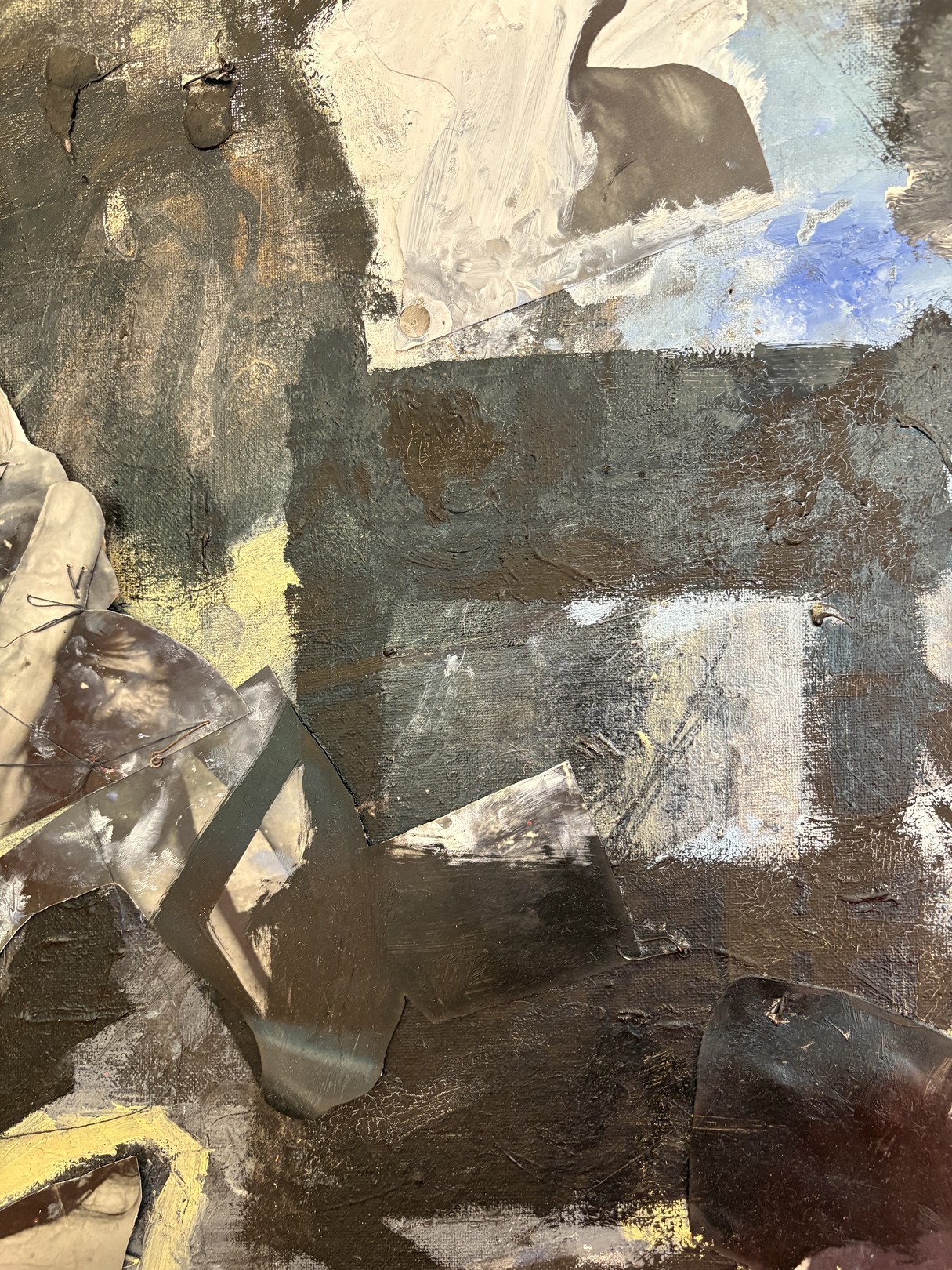 An abstract expressionist oil painting on canvas featuring a figure in shadow against a red surface.