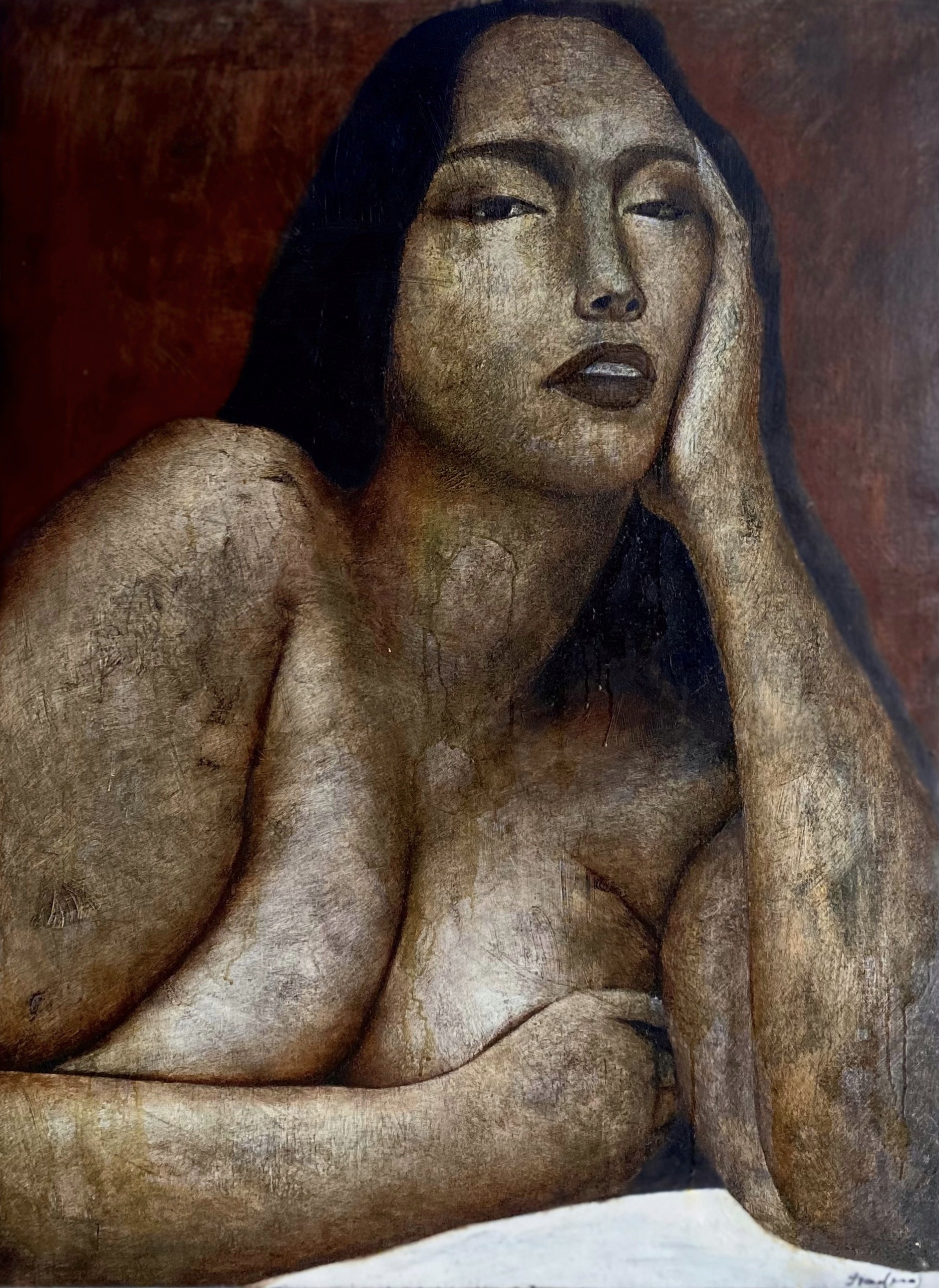 A painting of a woman with her hand on her head.