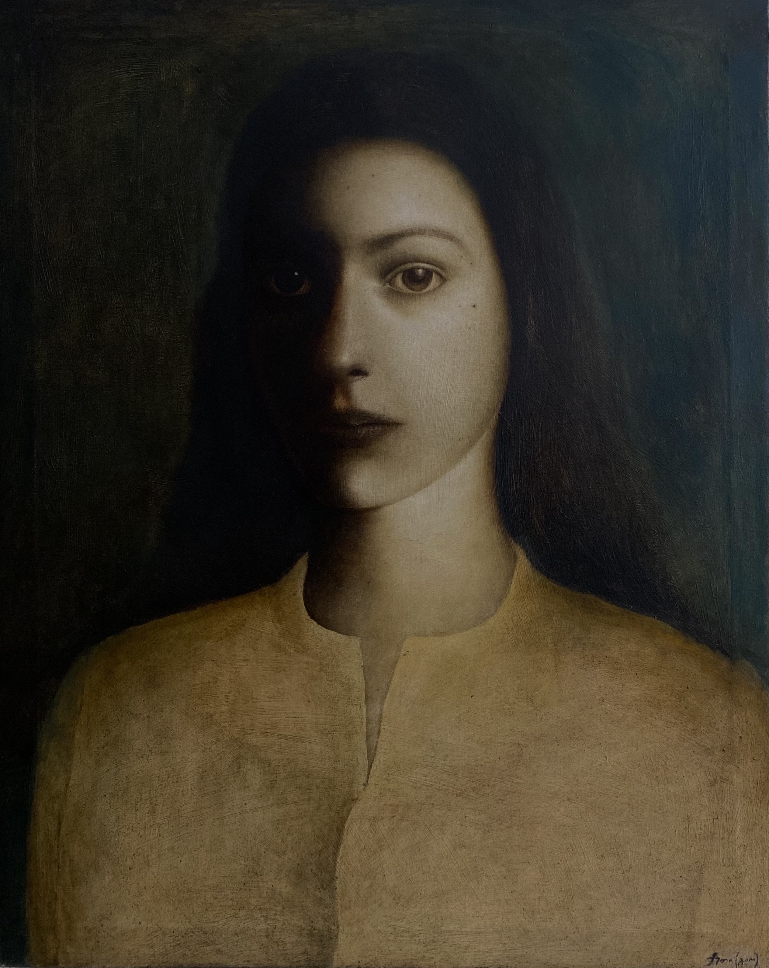 A painting of a woman with long black hair.