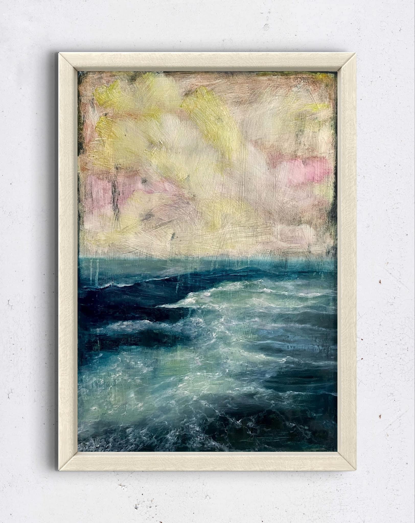 A textured seascape painting featuring a turbulent ocean under a soft, pastel sky.