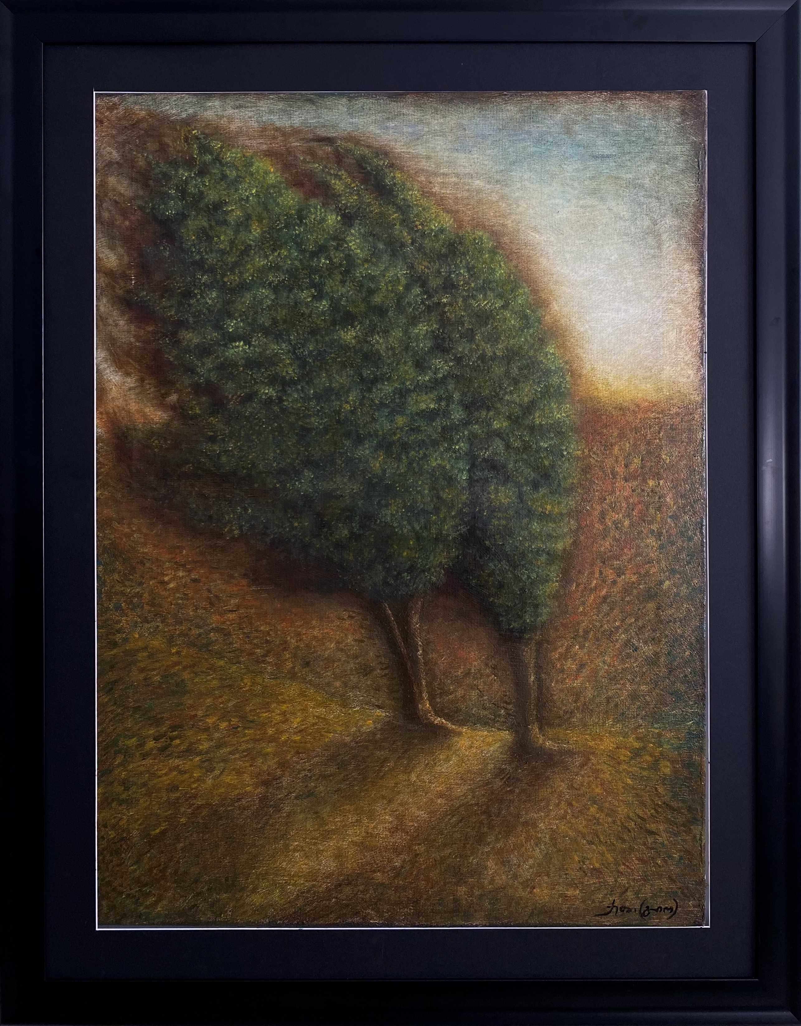 A painting of two trees in a field with a black frame.