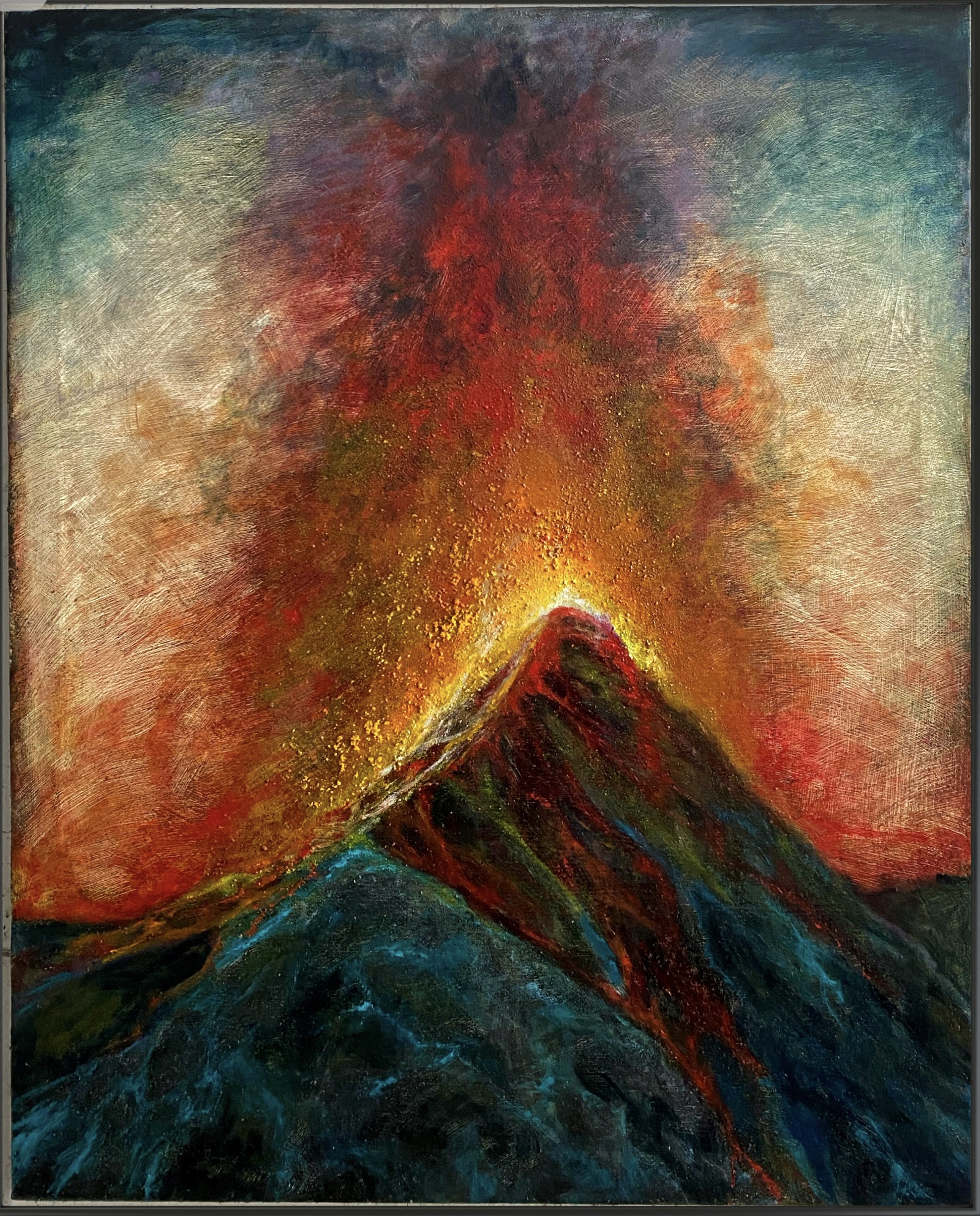 A dramatic landscape painting of a mountain erupting with fiery light against a dark sky.