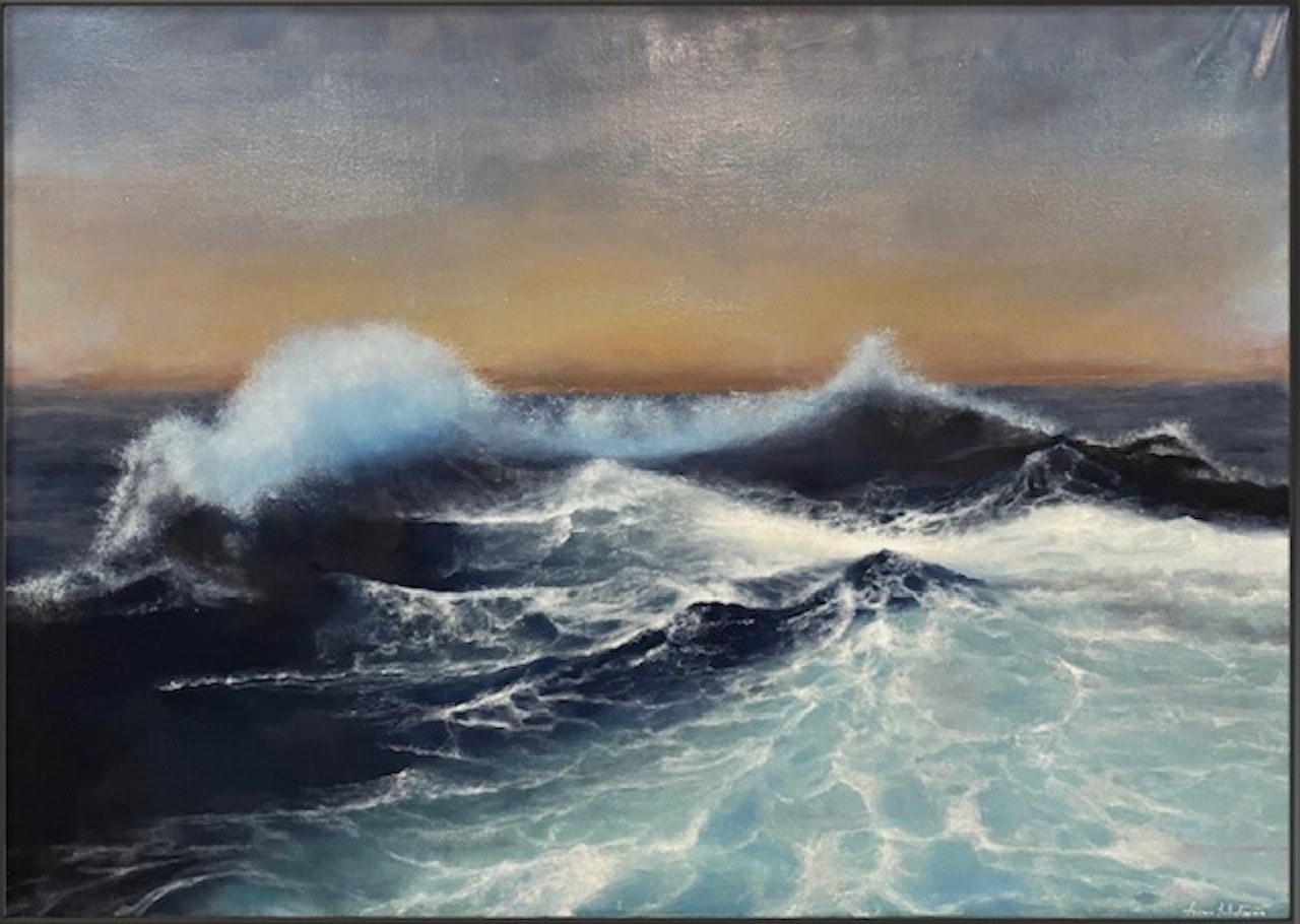 A dramatic seascape painting of a massive, crashing wave under a moody sky.