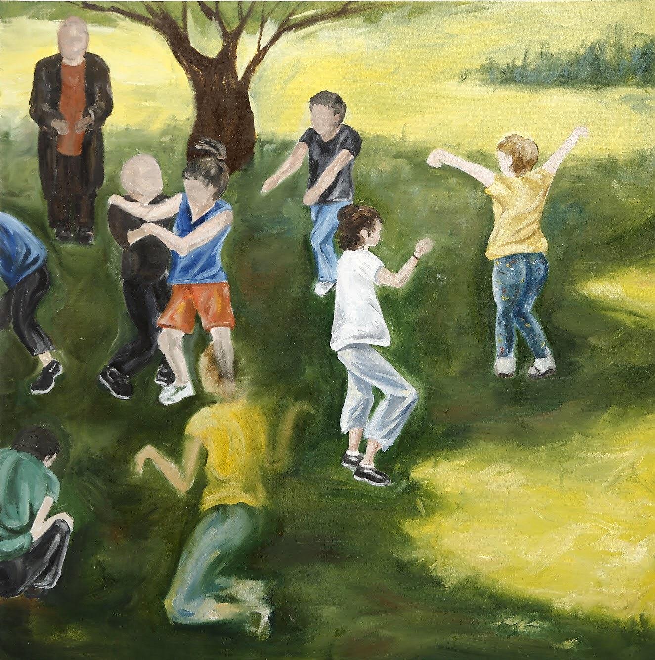 A painting of a group of children playing in a park.