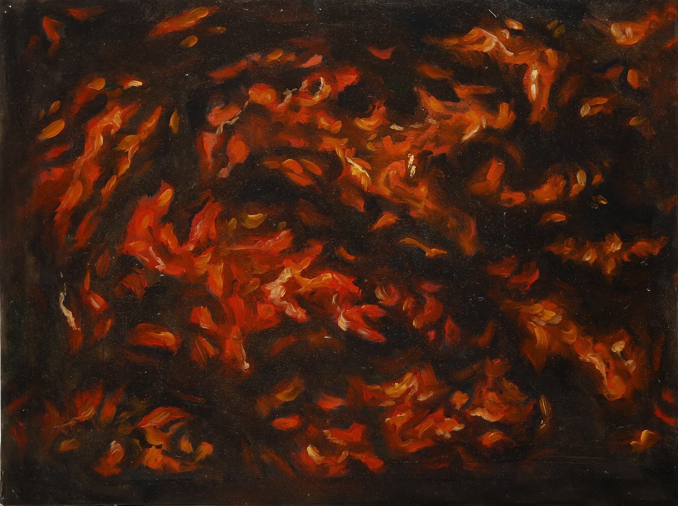 A dark, abstract painting of fiery orange and red shapes against a black background.