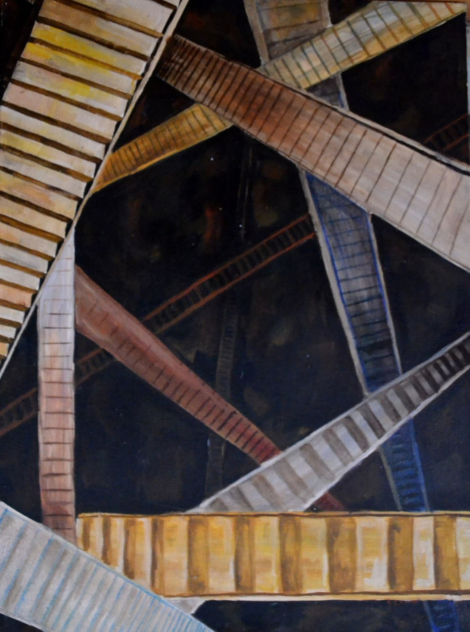 A geometric composition of intersecting wooden beams against a dark background.