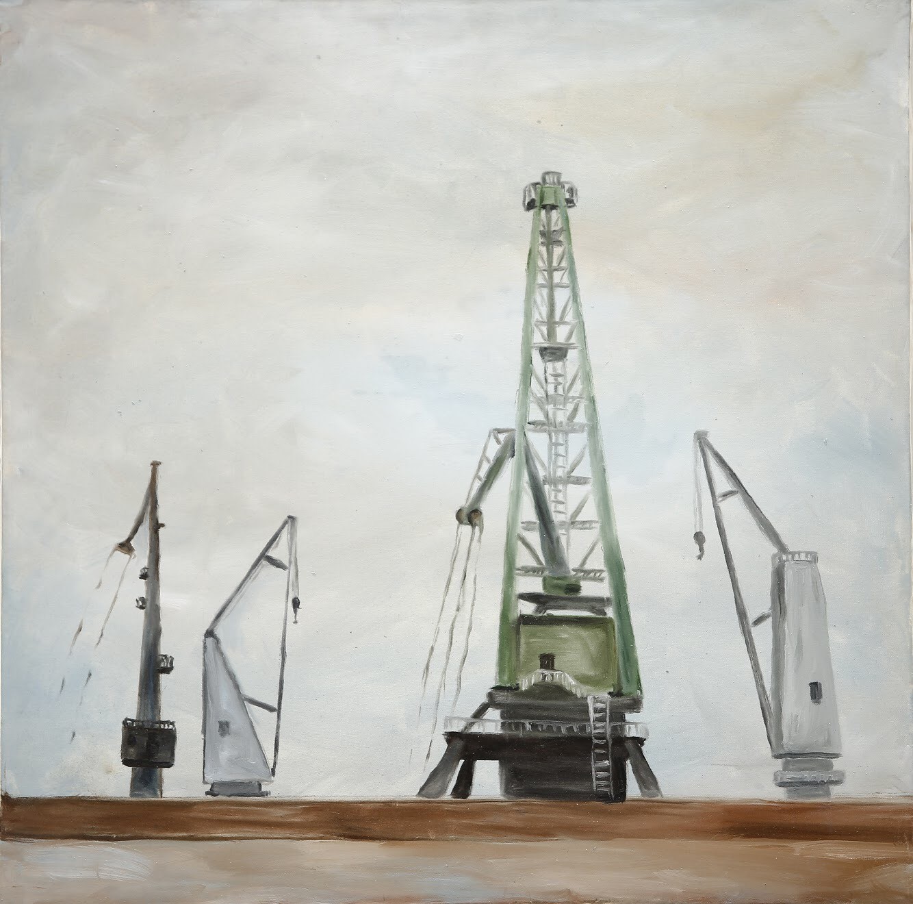 A muted-toned painting of a harbor scene featuring a large green crane and smaller cranes against a pale sky.