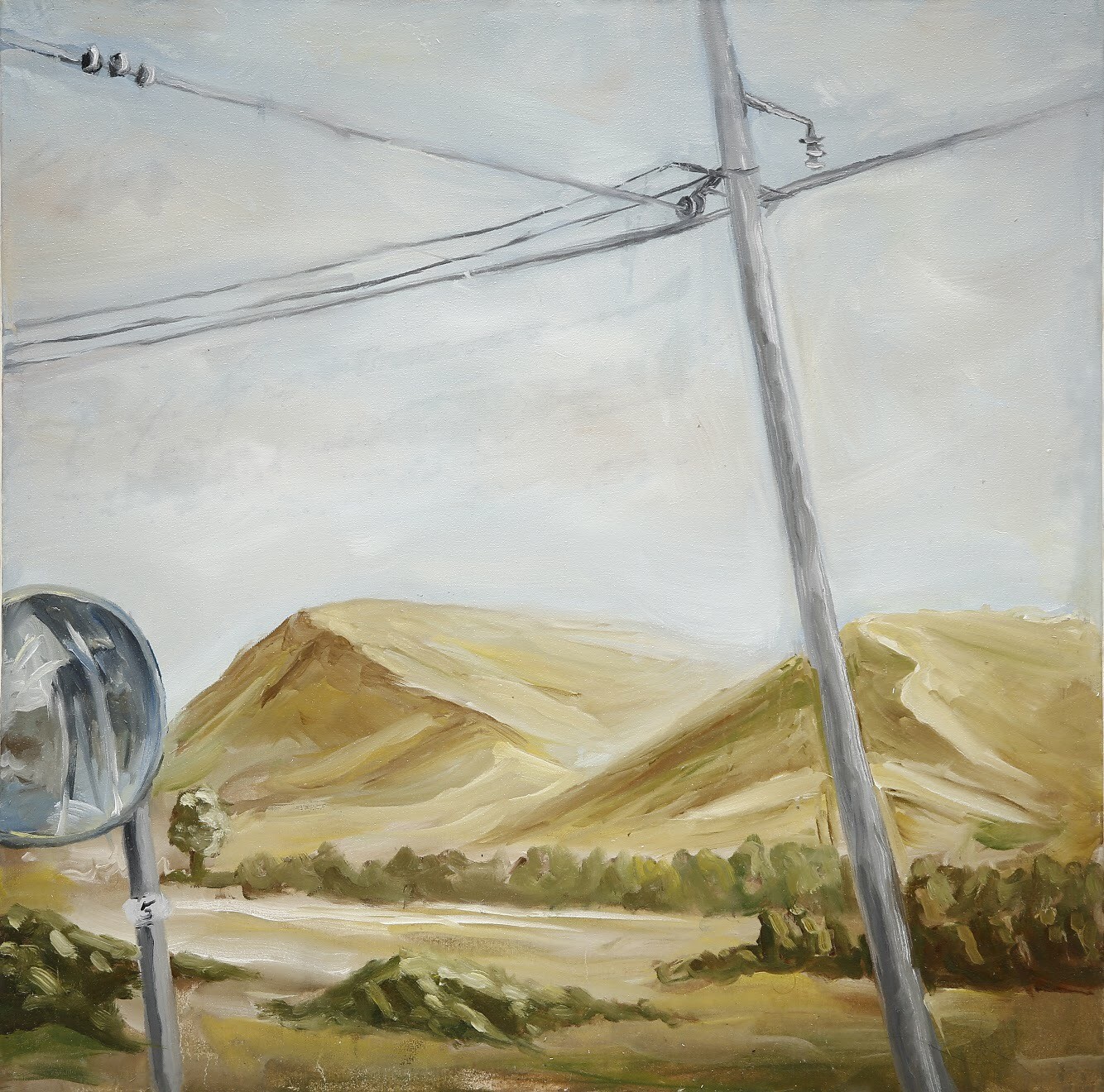 A landscape painting featuring a road sign, power lines, and rolling hills under a muted sky.