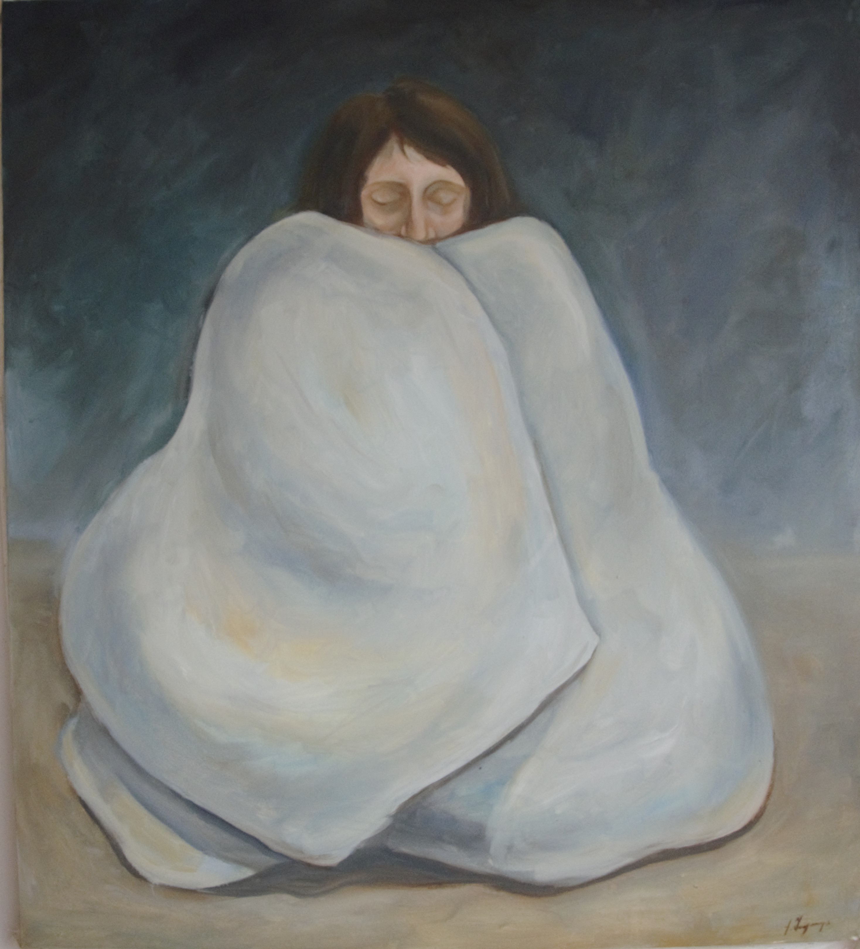 A painting of a woman wrapped in a blanket.