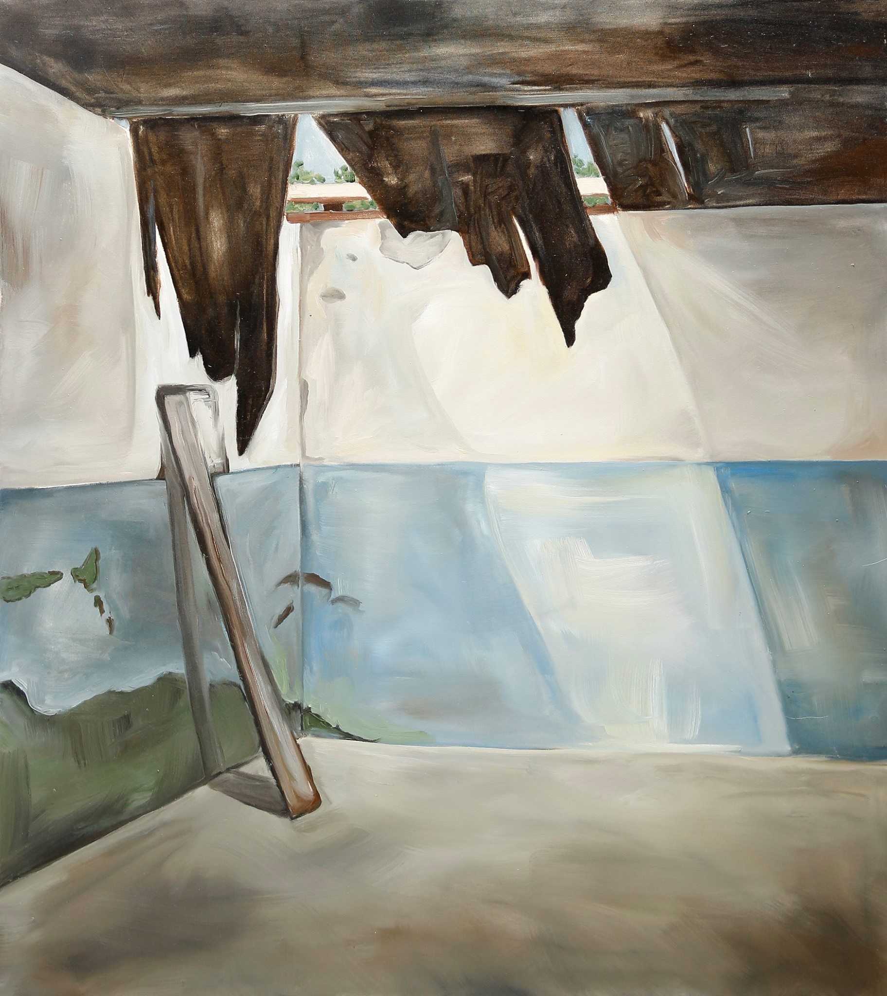 A painting of a room with a view of the ocean.