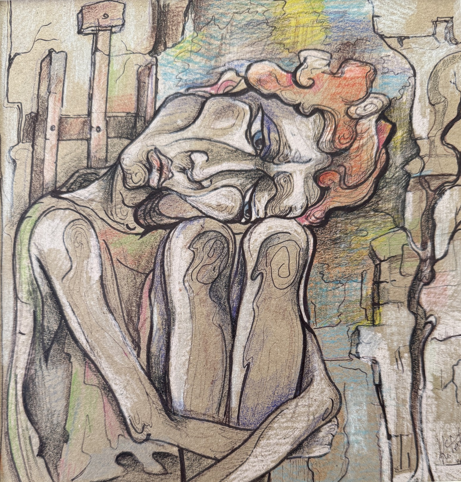 A somber figure in a hunched posture, rendered with expressive lines and muted earth tones.