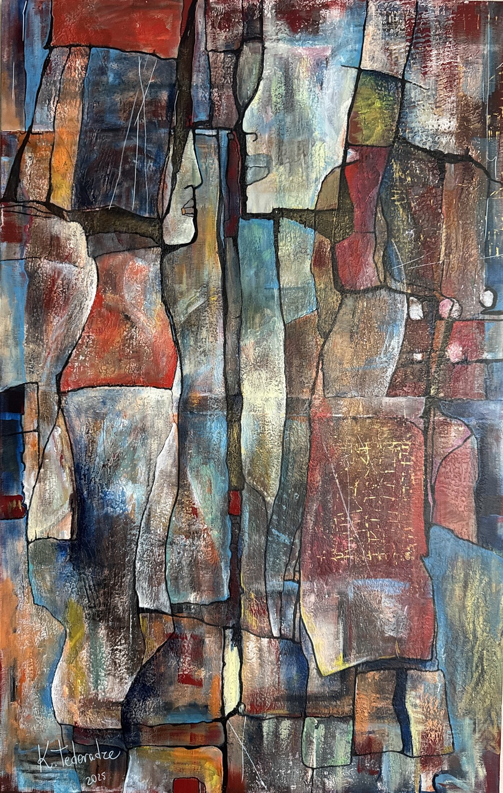 A painting of a group of people standing next to each other.