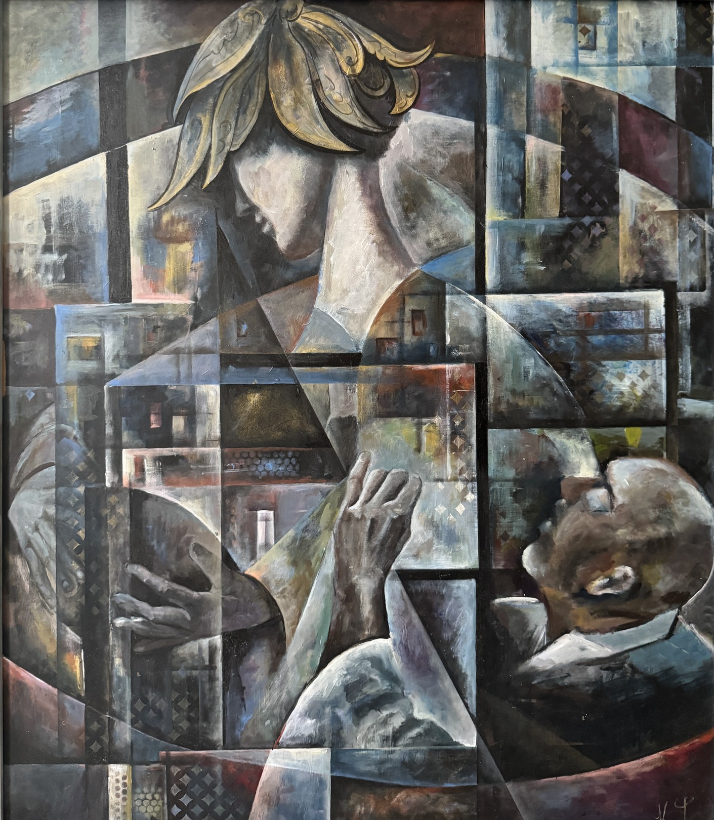A painting of a woman holding a baby in her arms.