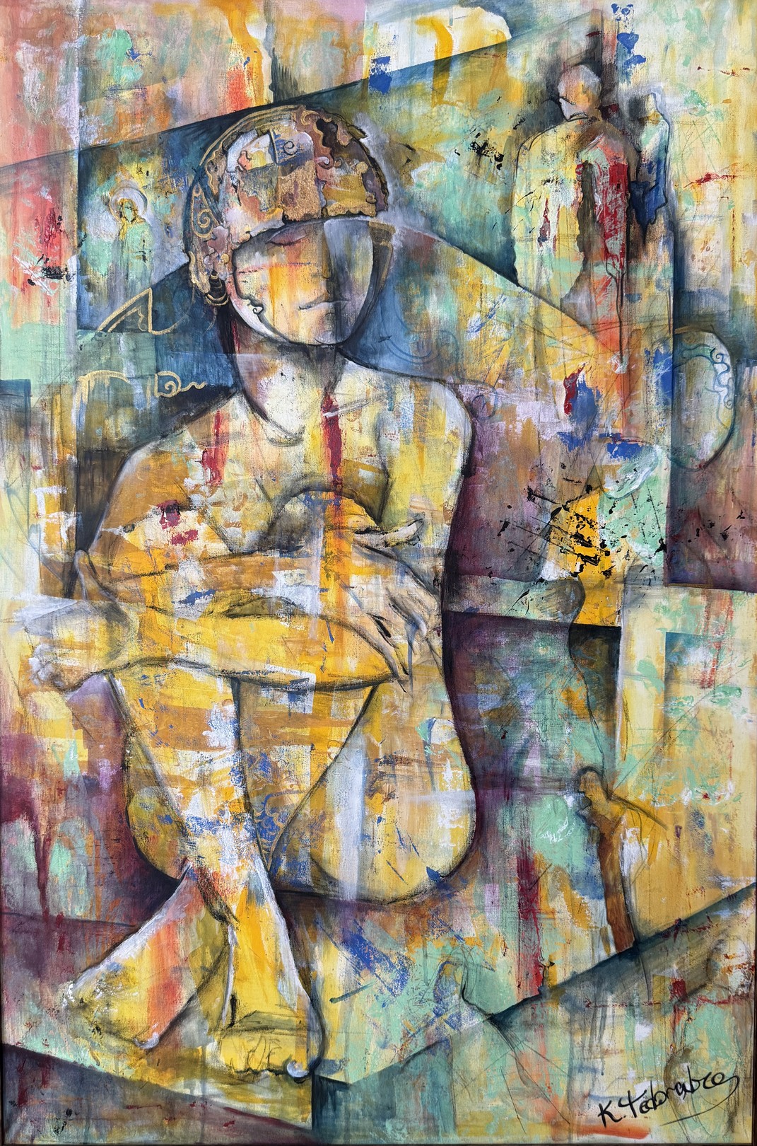 A painting of a woman sitting on a chair.