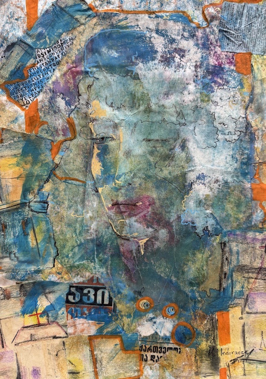 A collage of a woman's face on a piece of paper.