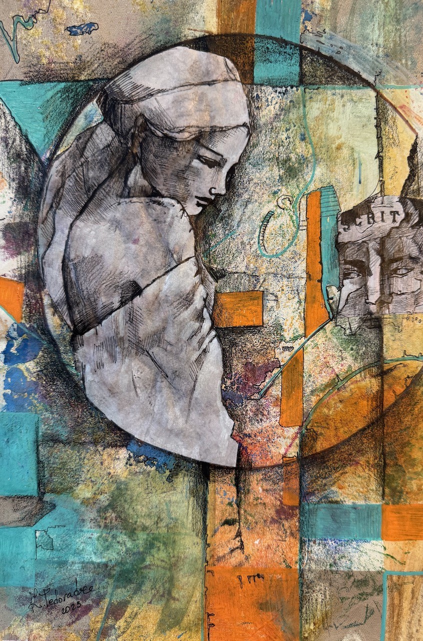 A painting of a woman with a cross in her hand.