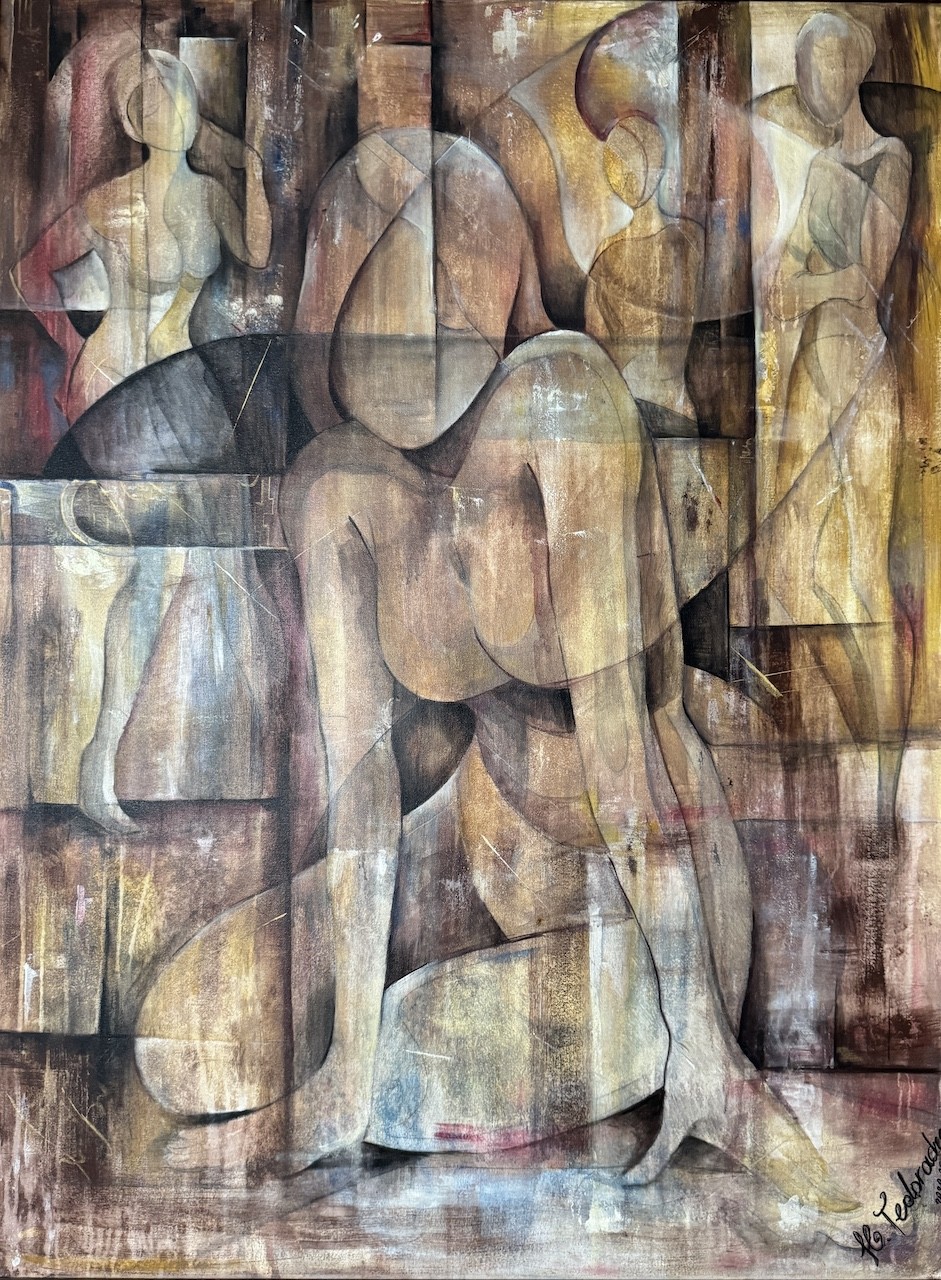 A painting of a group of people sitting around a table.