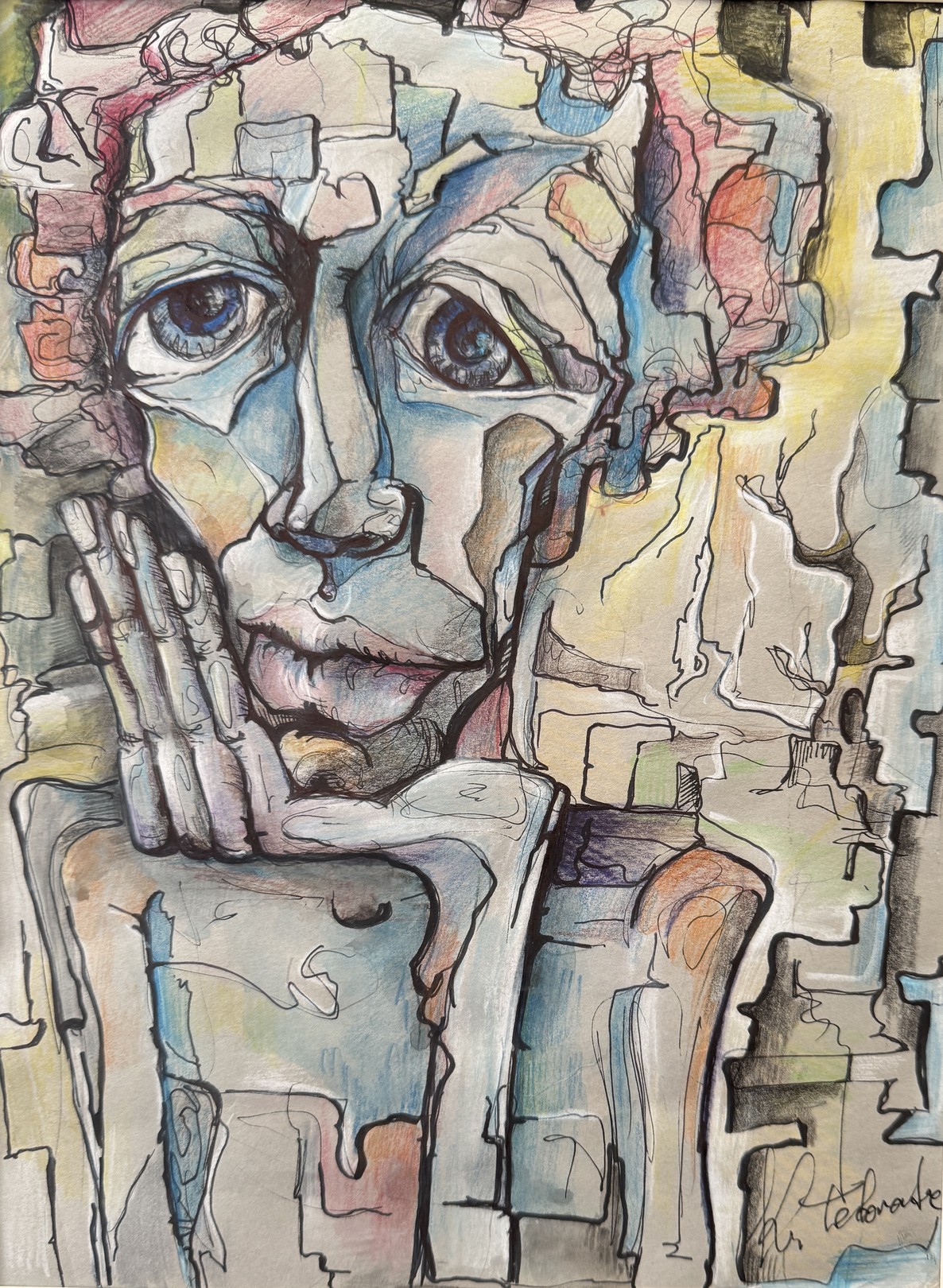 A fragmented portrait of a person with a hand on their chin, rendered in a collage-like style.