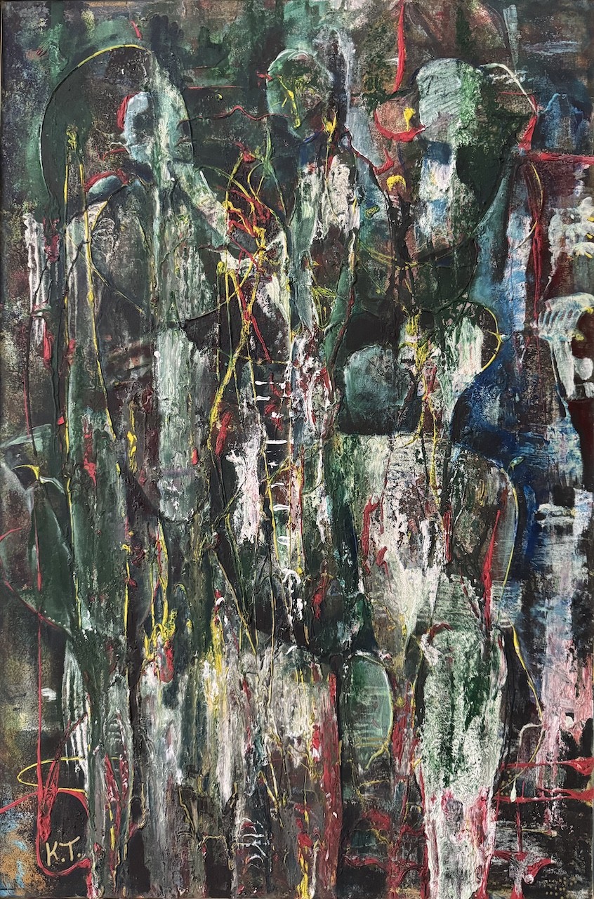 An abstract composition of indistinct figures in a dark, textured landscape.