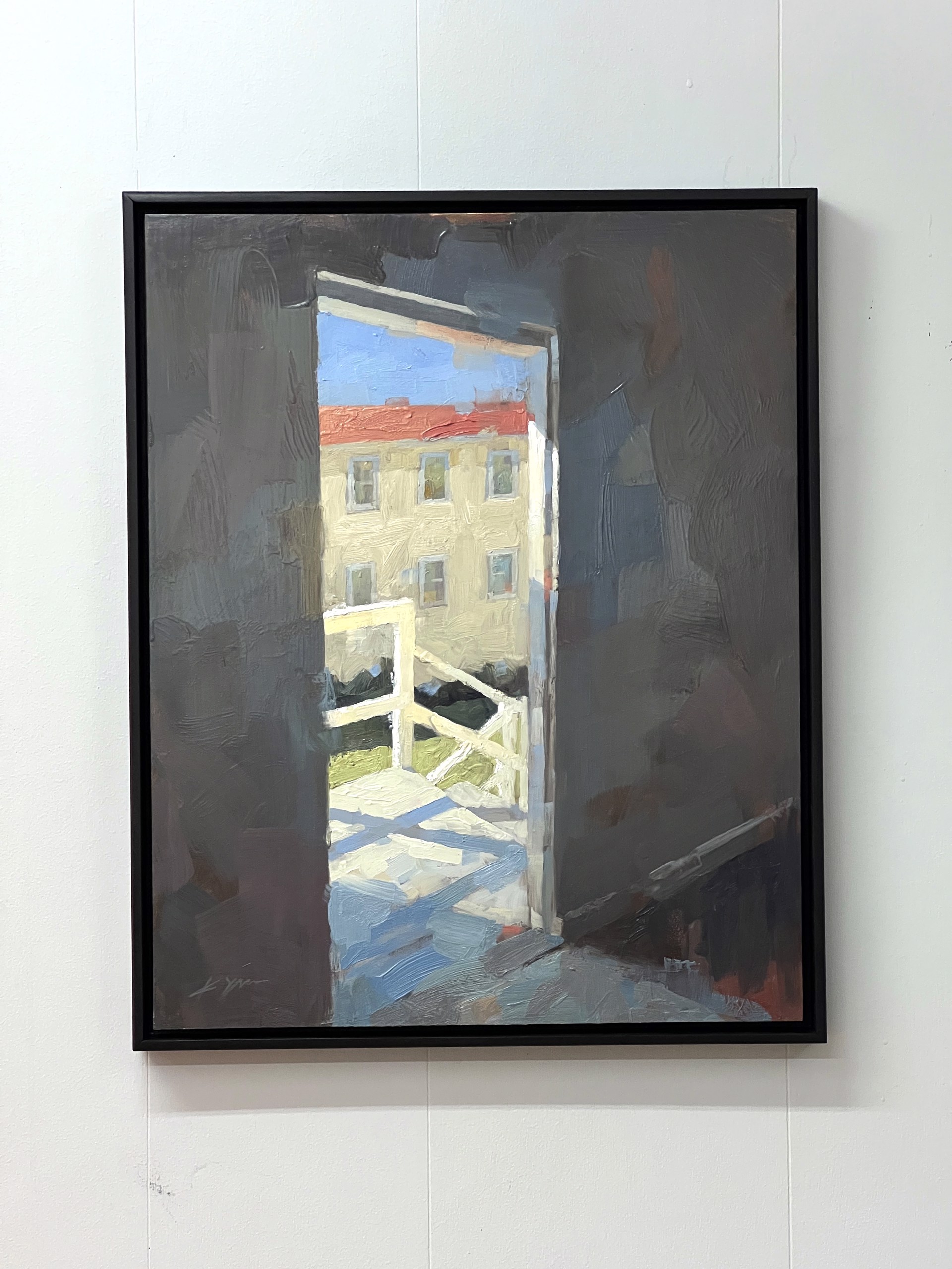 A painting of an open door leading to a building.