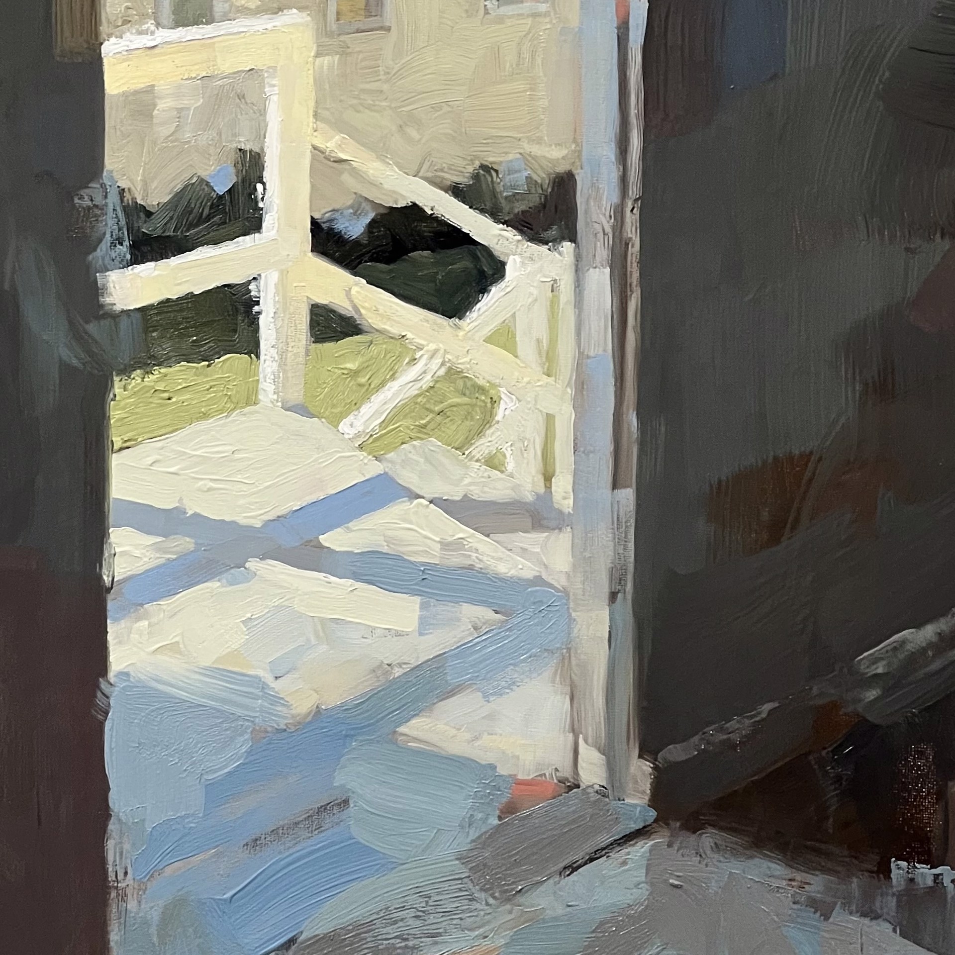 A painting of an open door leading to a building.