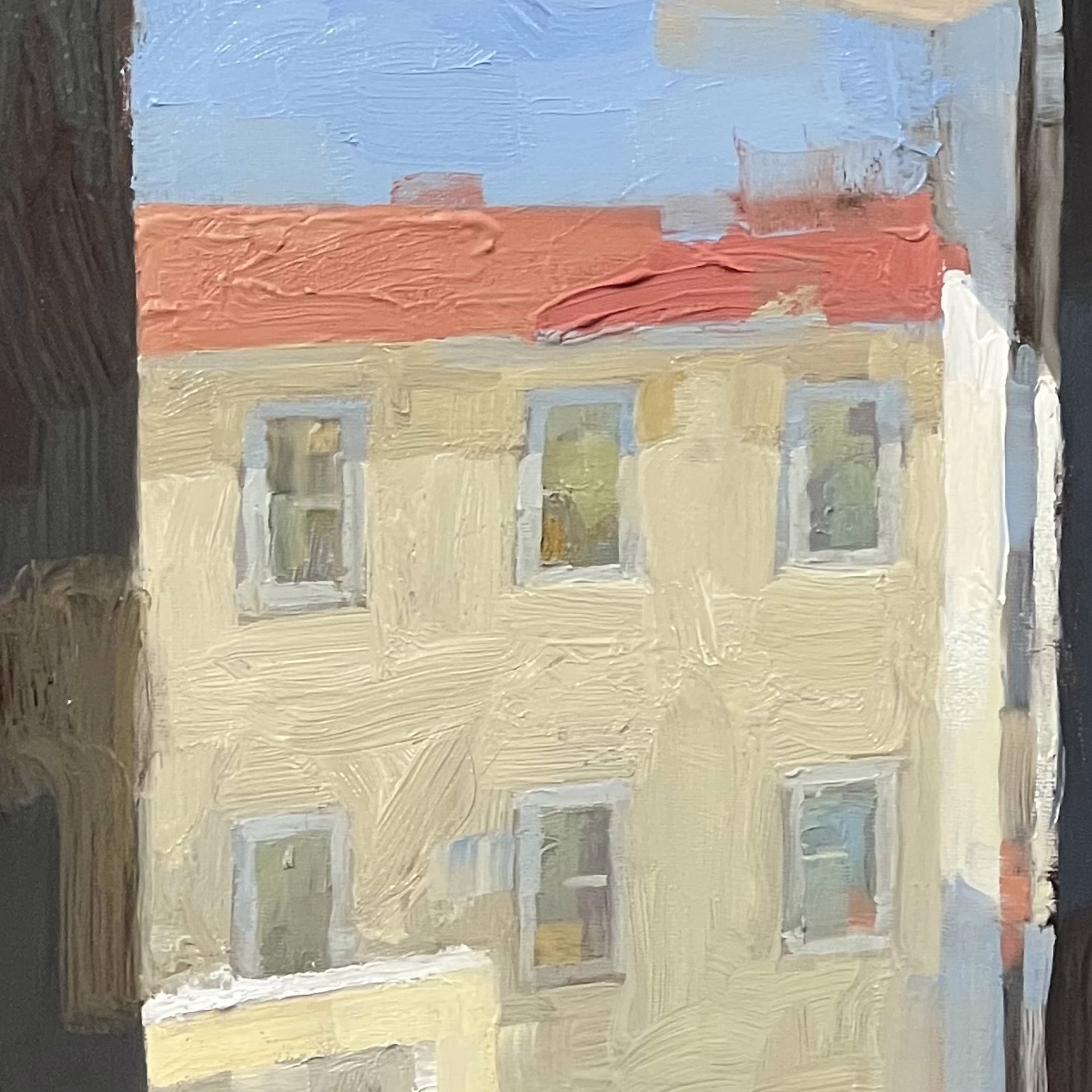 A painting of an open door leading to a building.