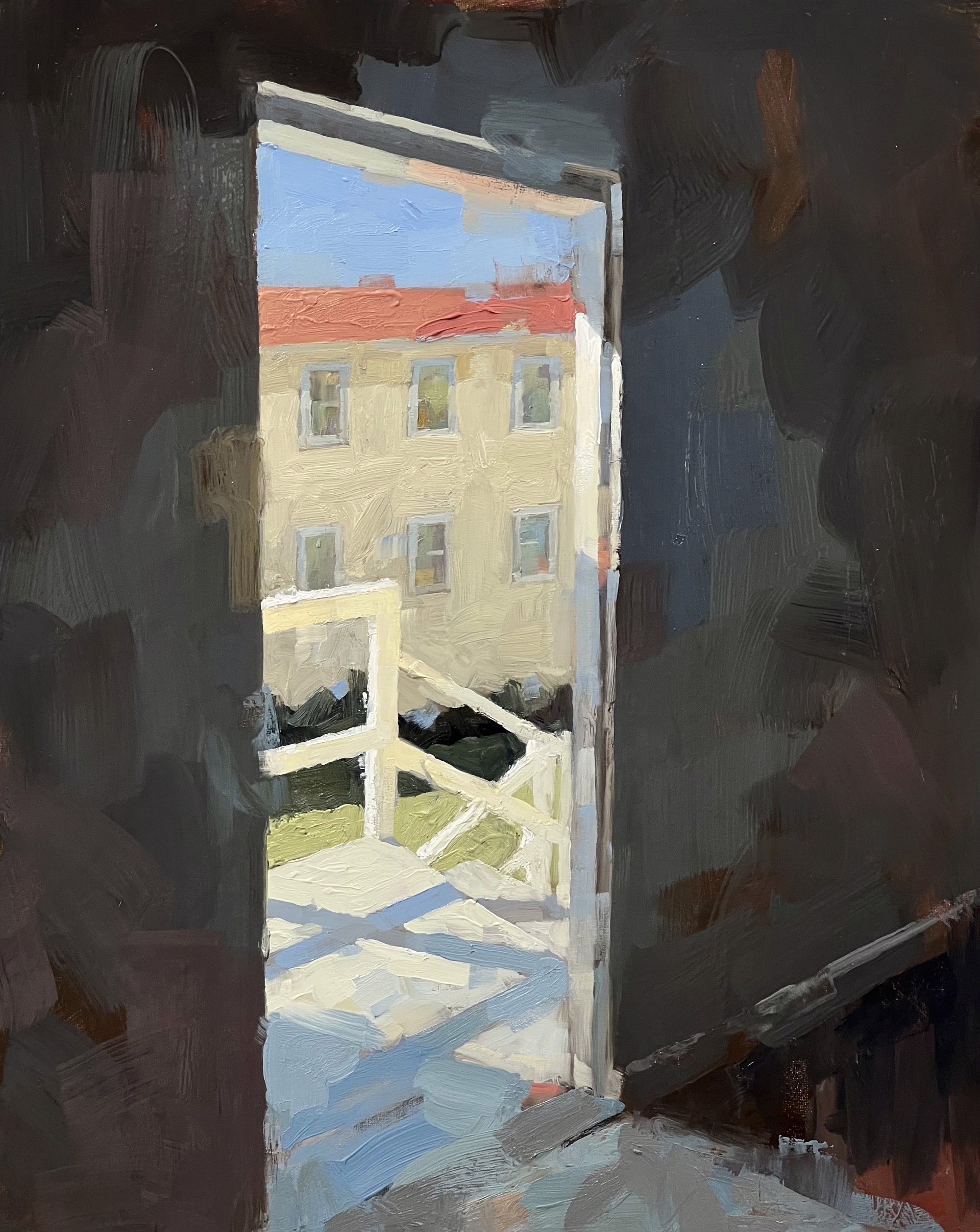 A painting of an open door leading to a building.
