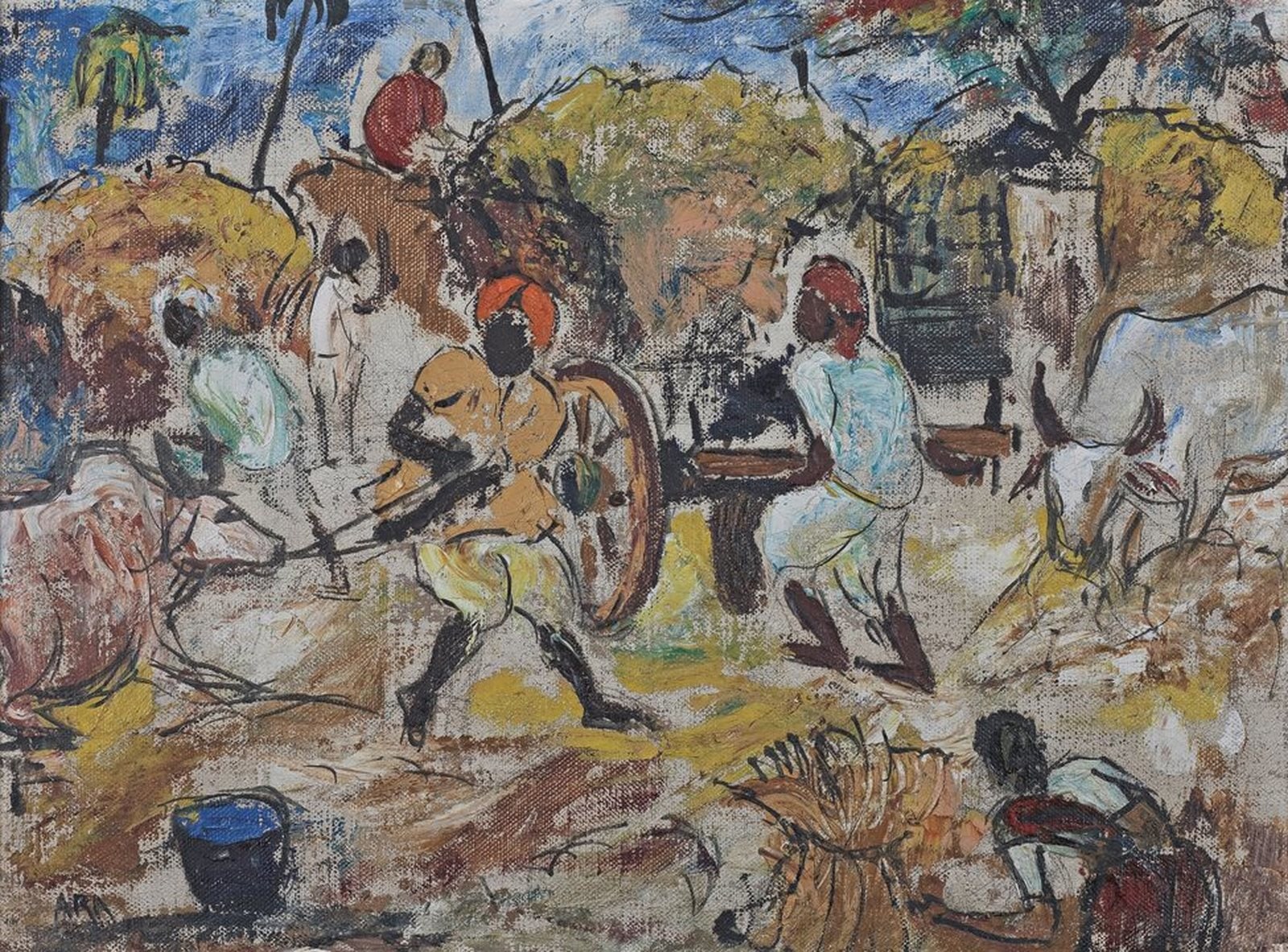 A painting of a group of people in a village.