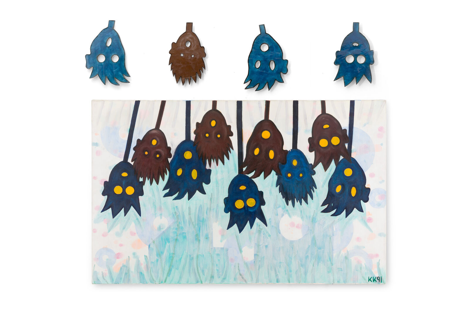 A whimsical composition featuring hanging ghost-like figures against a dreamy, abstract background.