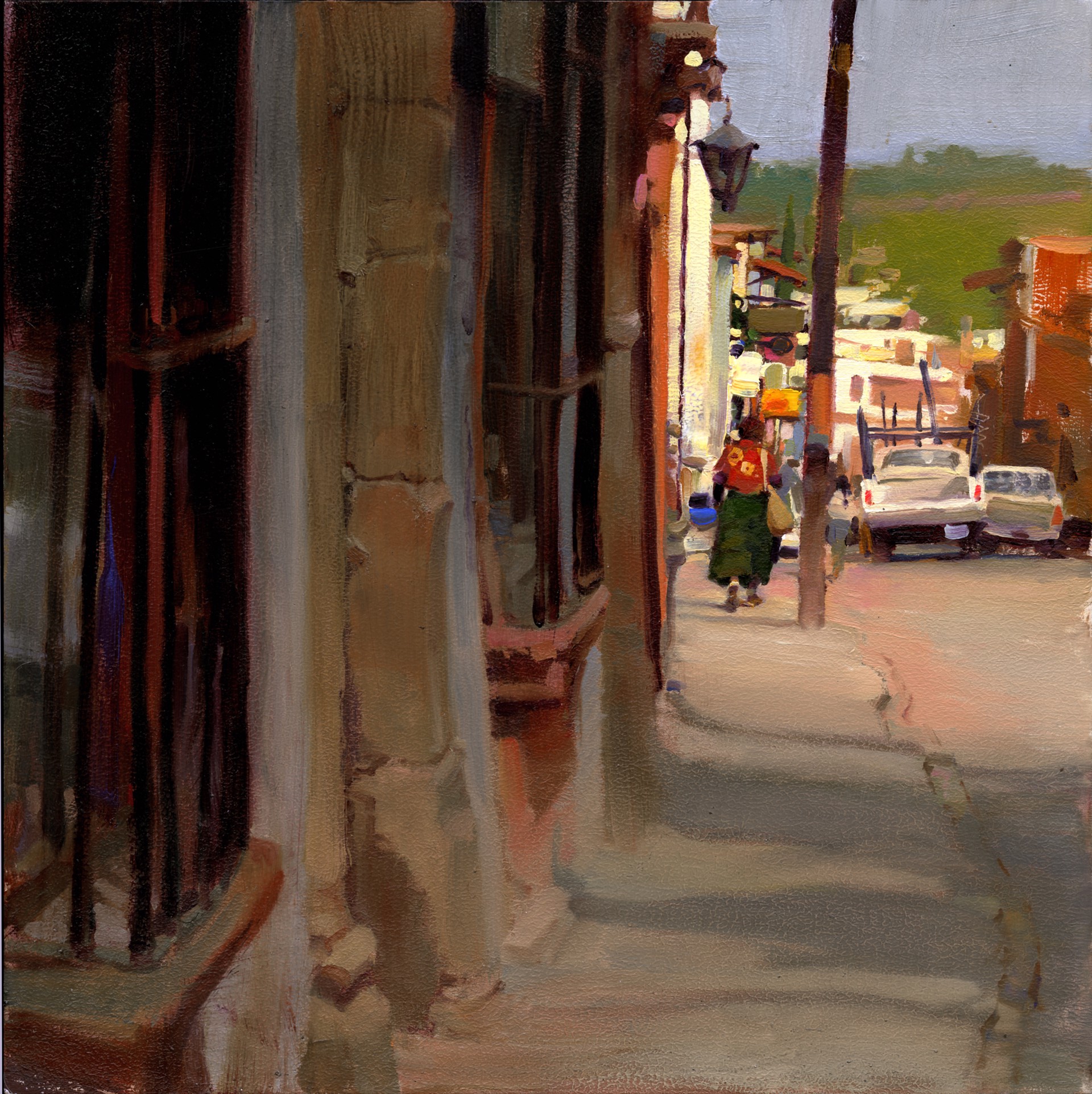 A painting of a woman walking down a street.