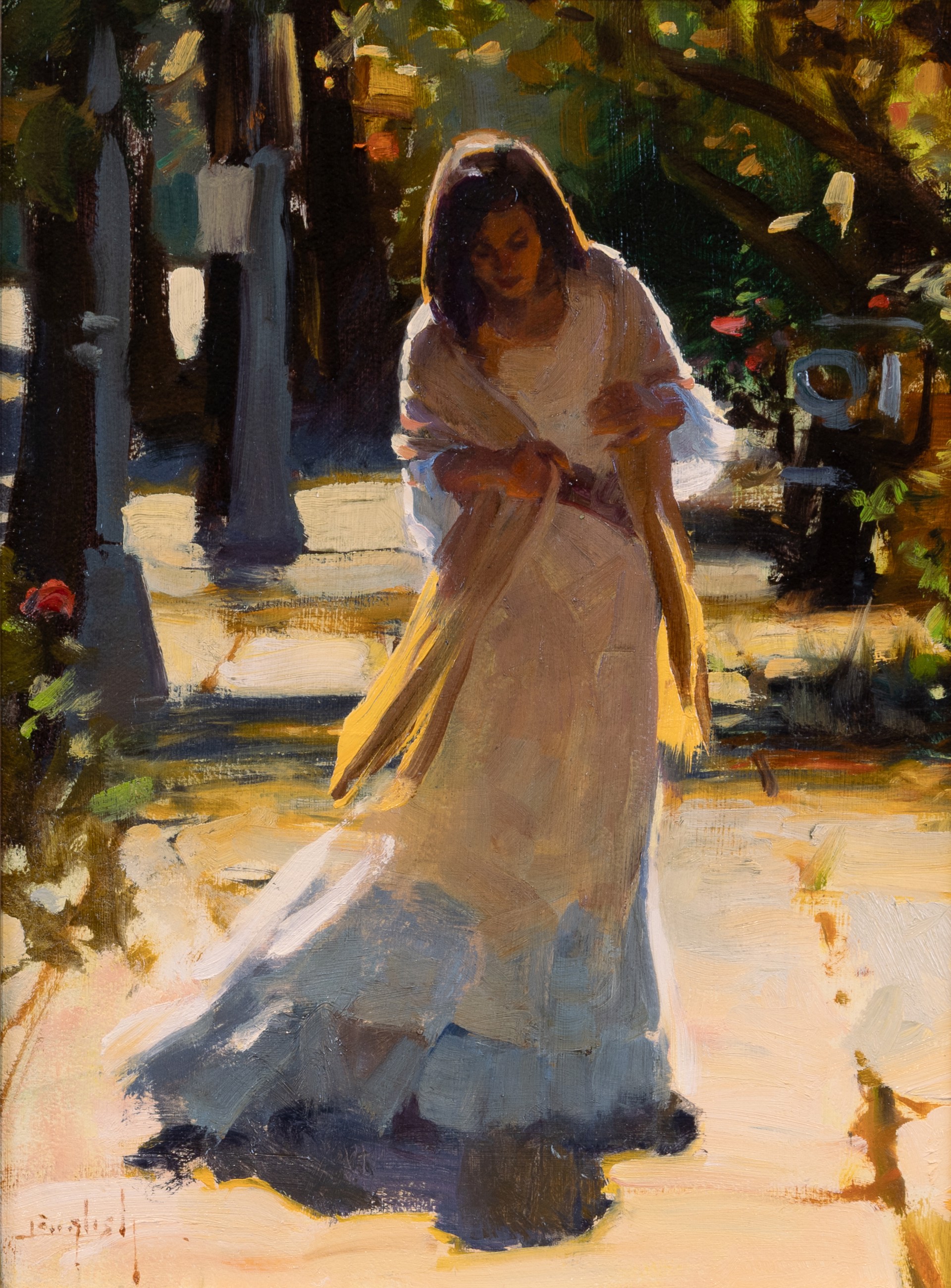 A painting of a woman in a white dress walking down a sidewalk.