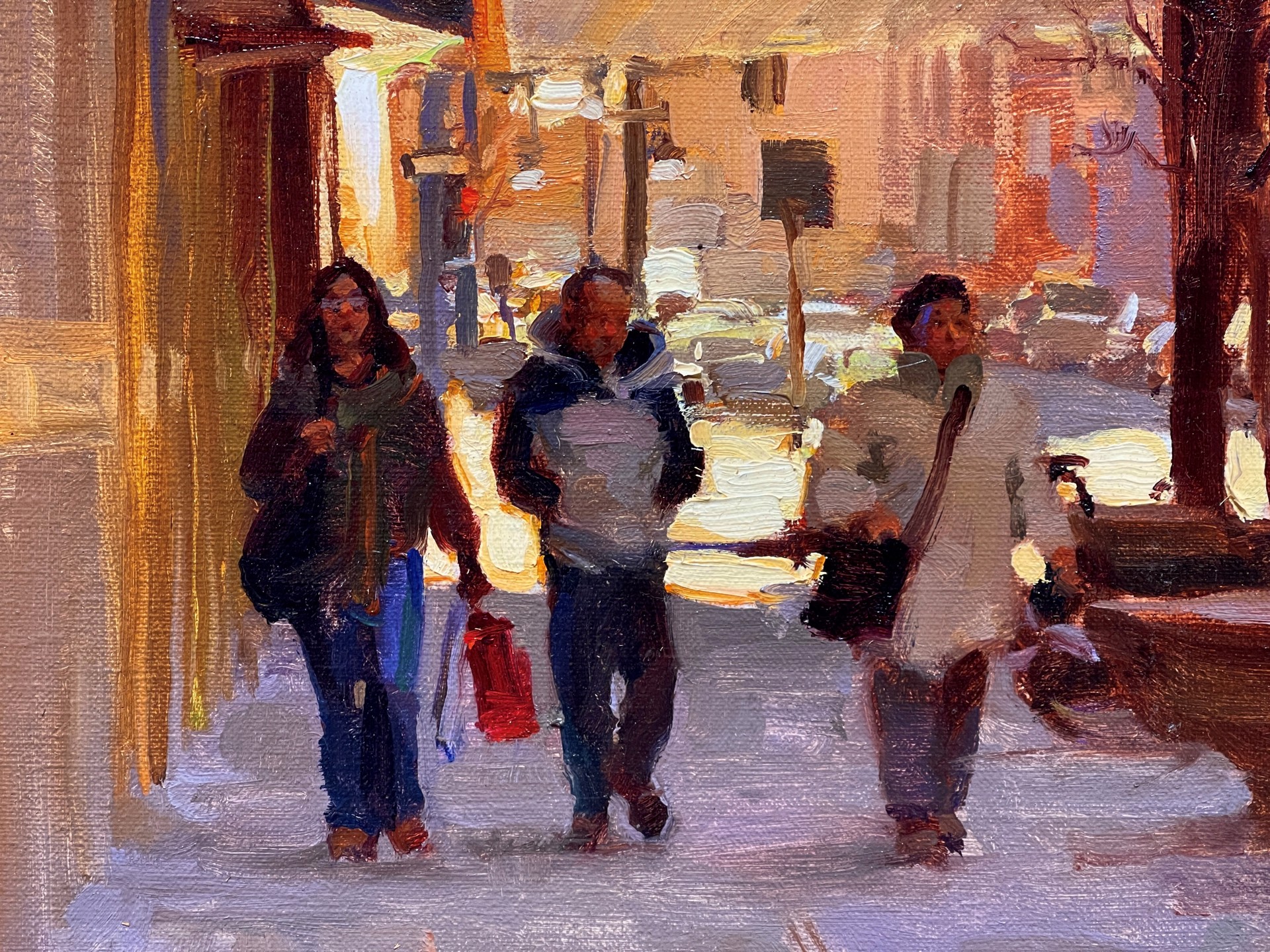 A painting of people walking down a snowy street.