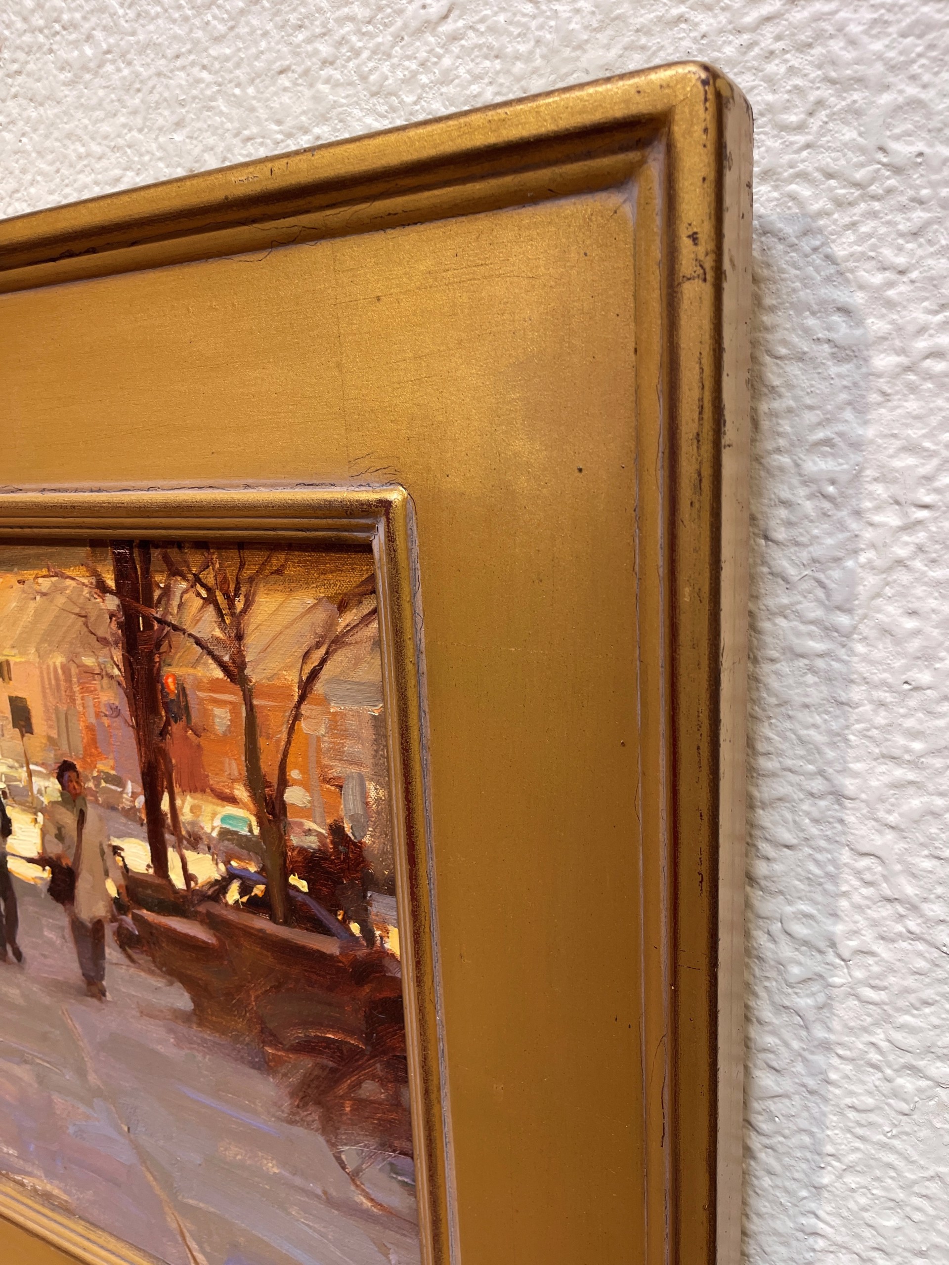 A painting of people walking down a snowy street.