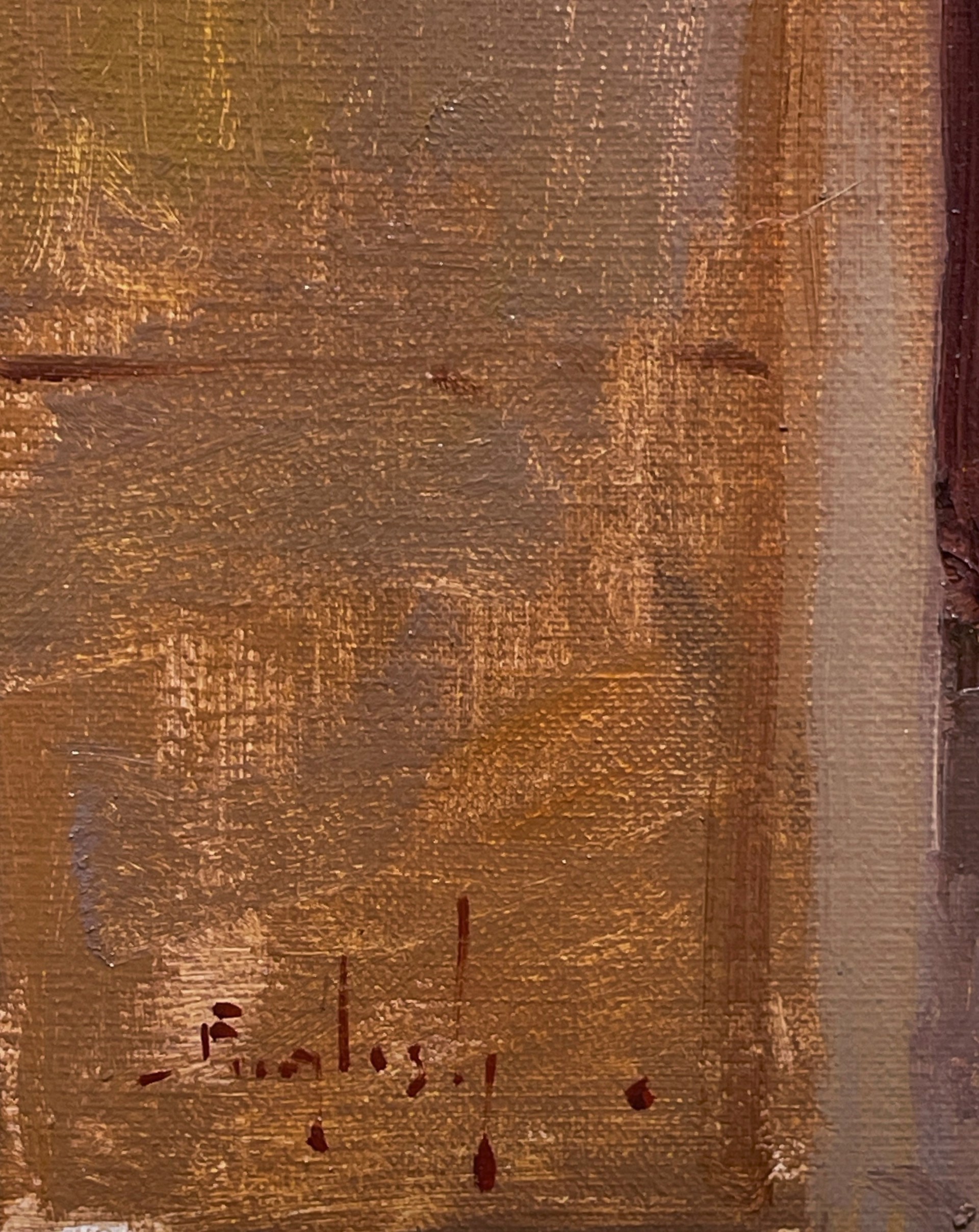A painting of people walking down a snowy street.