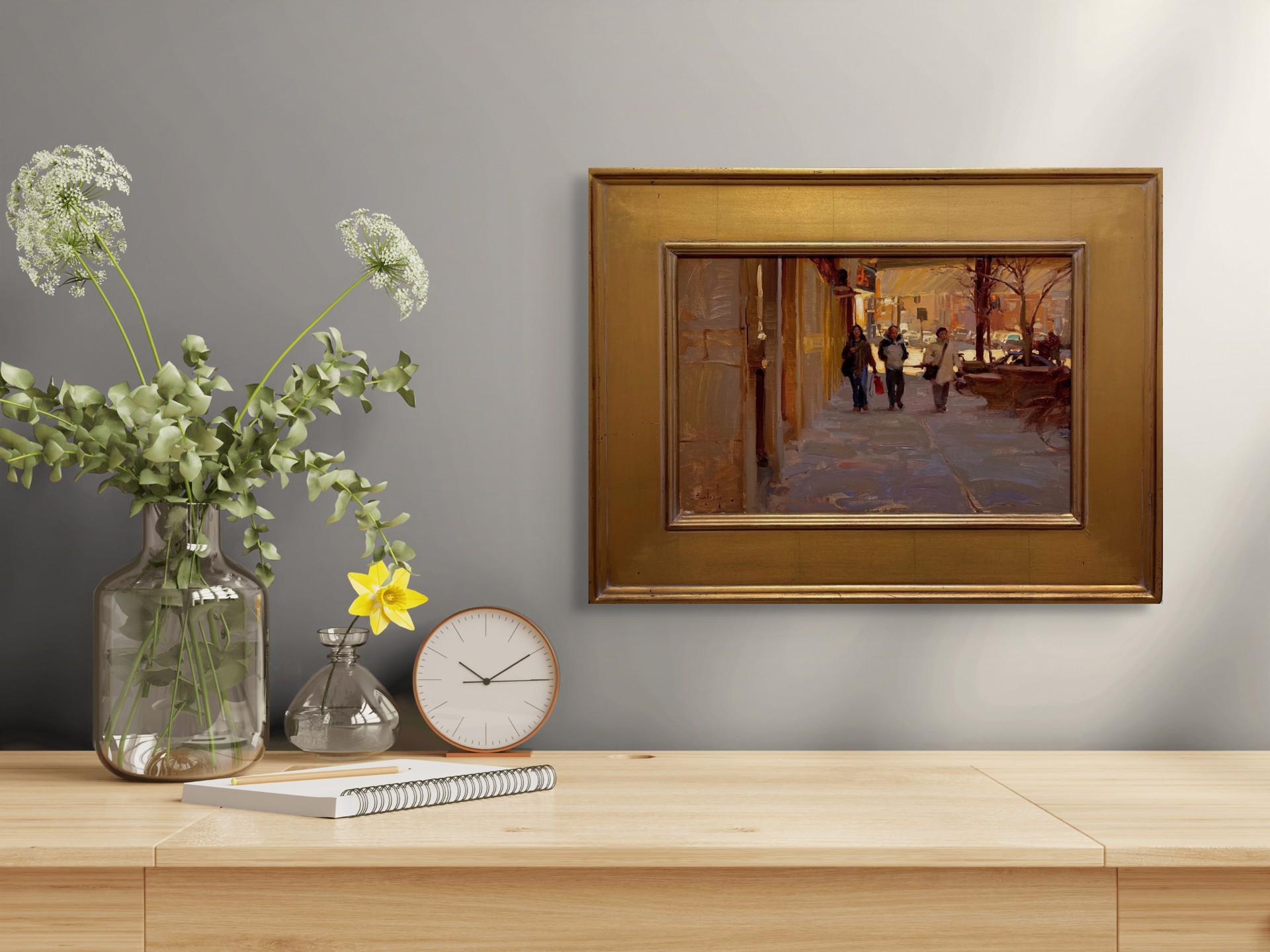 A painting of people walking down a snowy street.