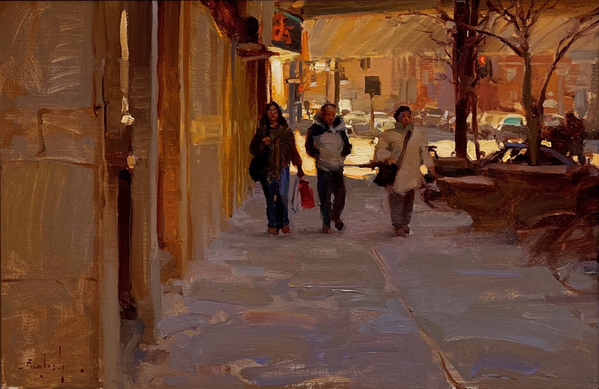 A painting of people walking down a snowy street.
