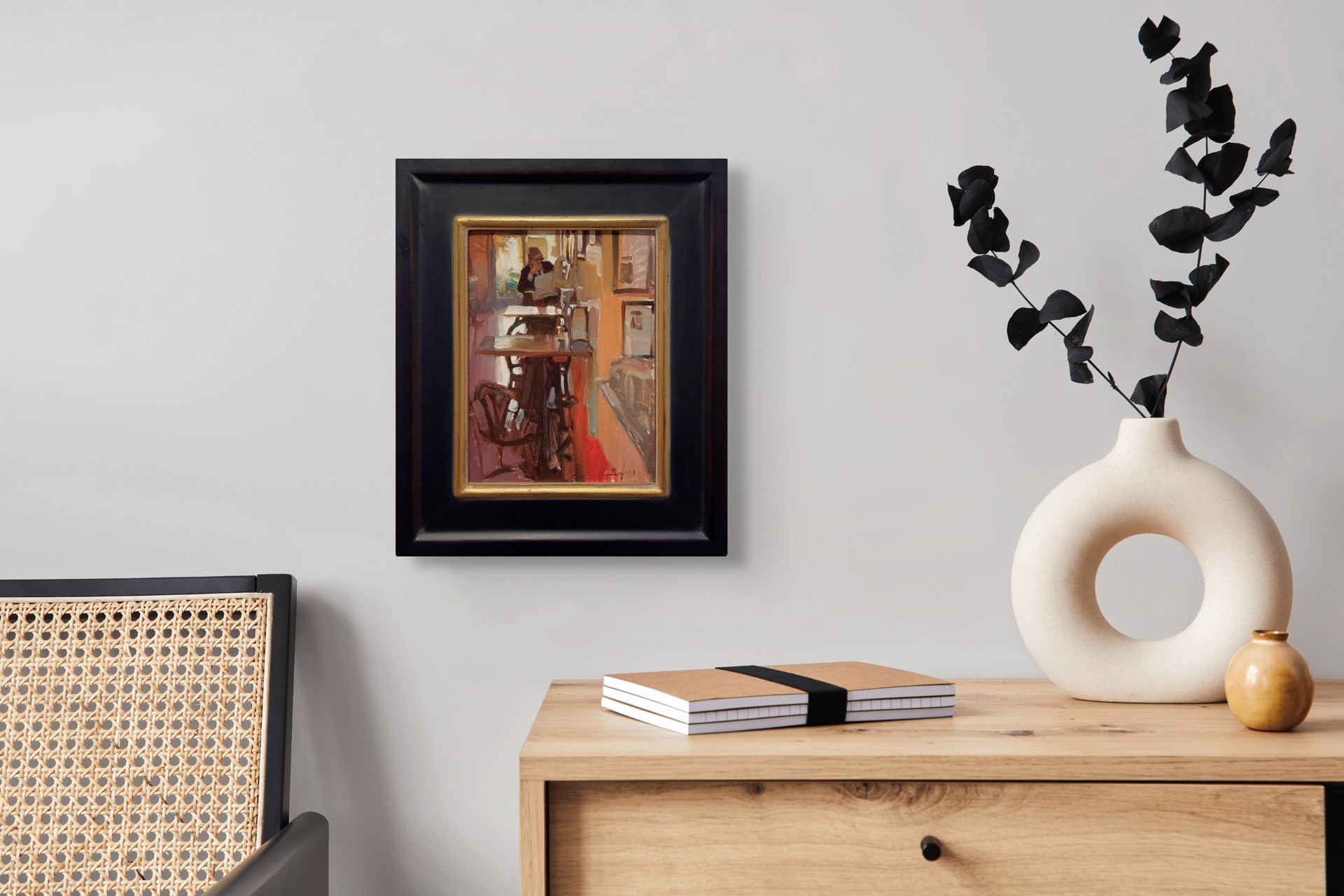 A painting of a man sitting at a table in a room.
