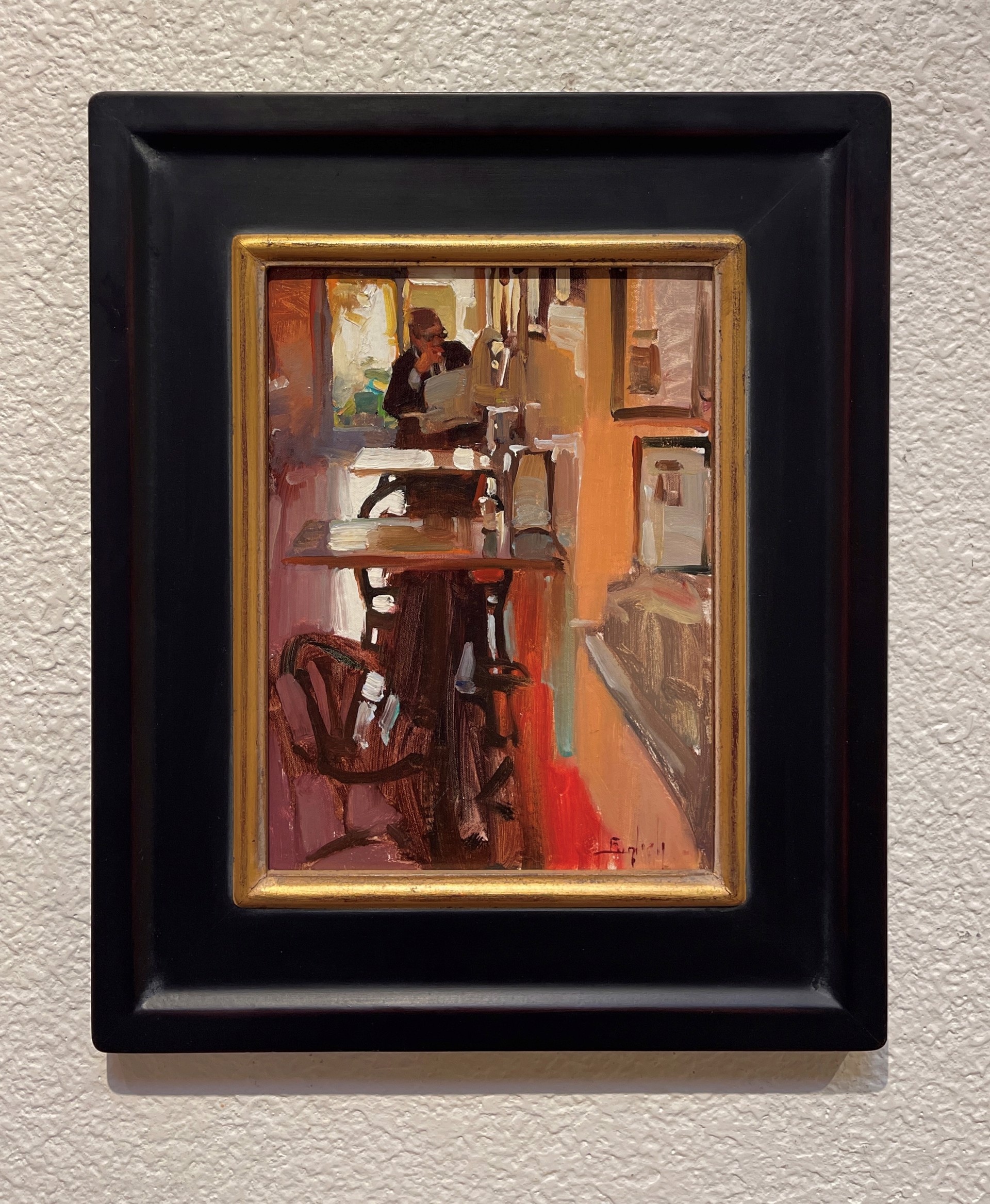 A painting of a man sitting at a table in a room.