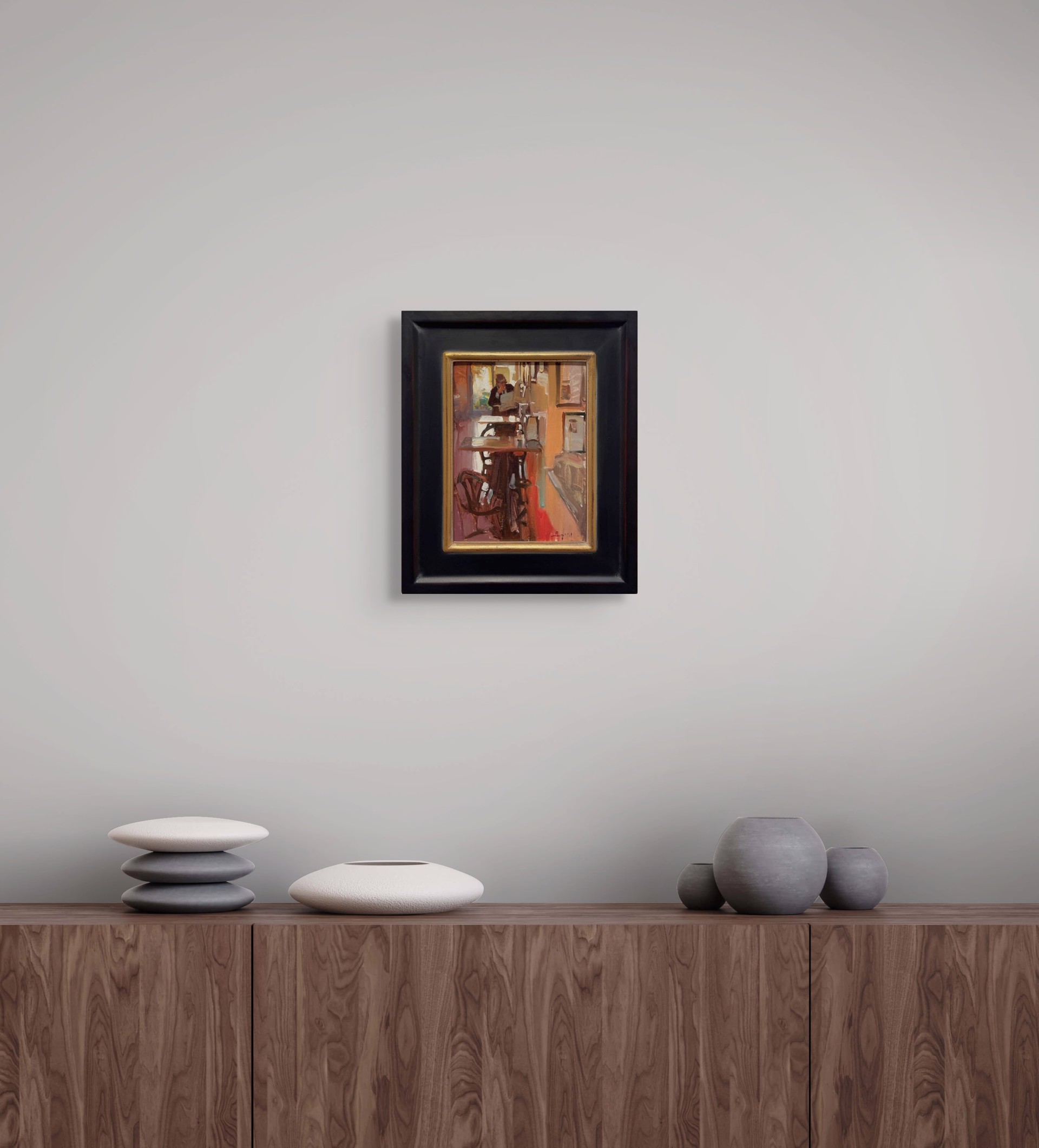 A painting of a man sitting at a table in a room.