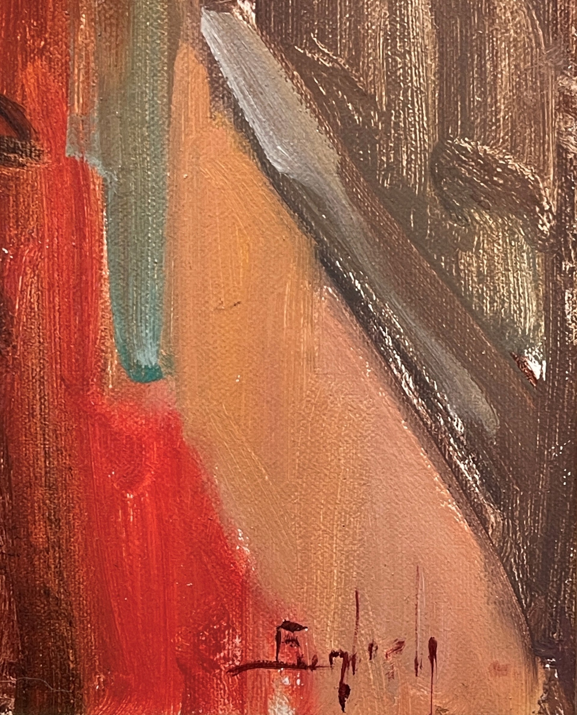 A painting of a man sitting at a table in a room.