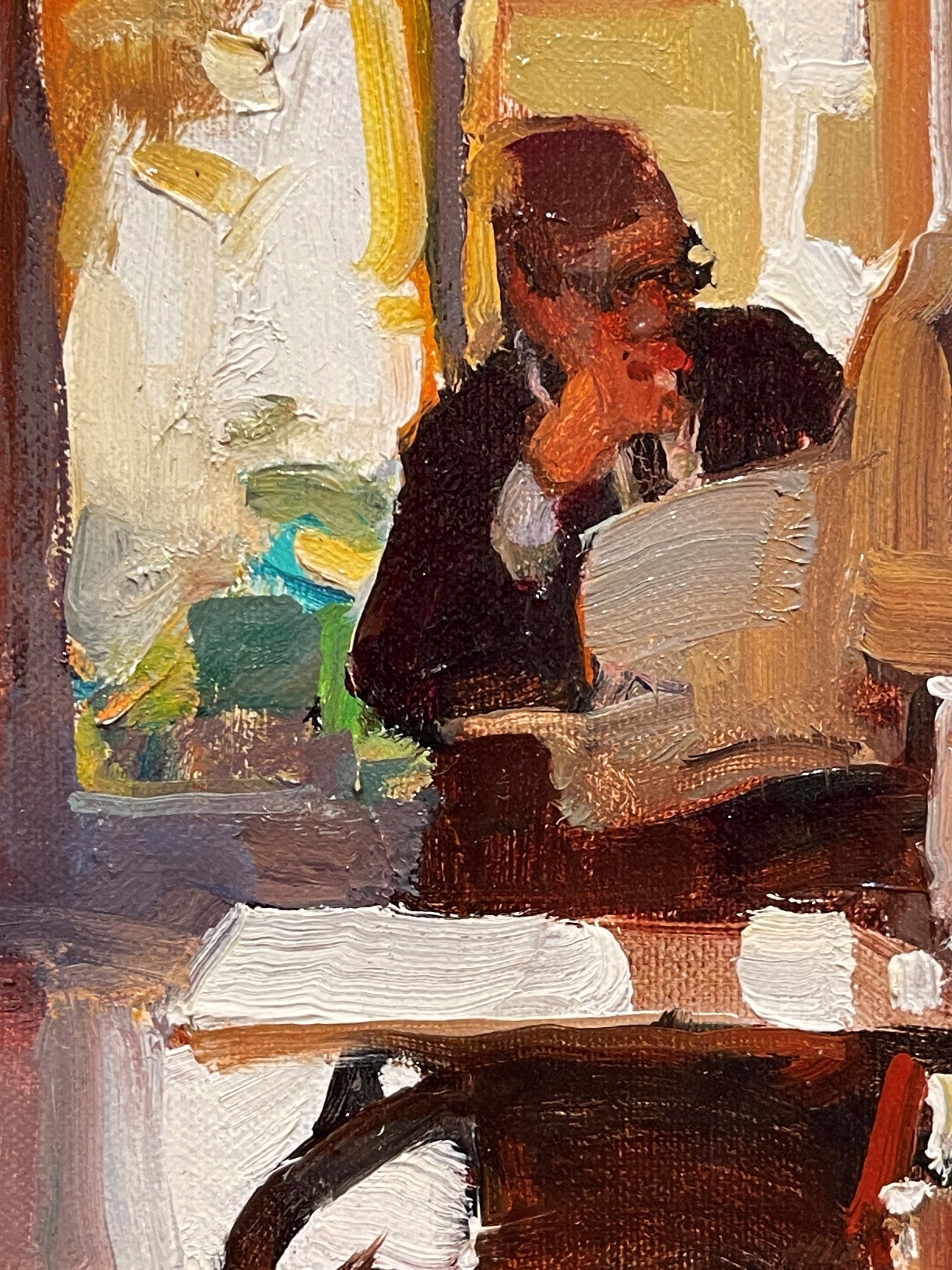 A painting of a man sitting at a table in a room.