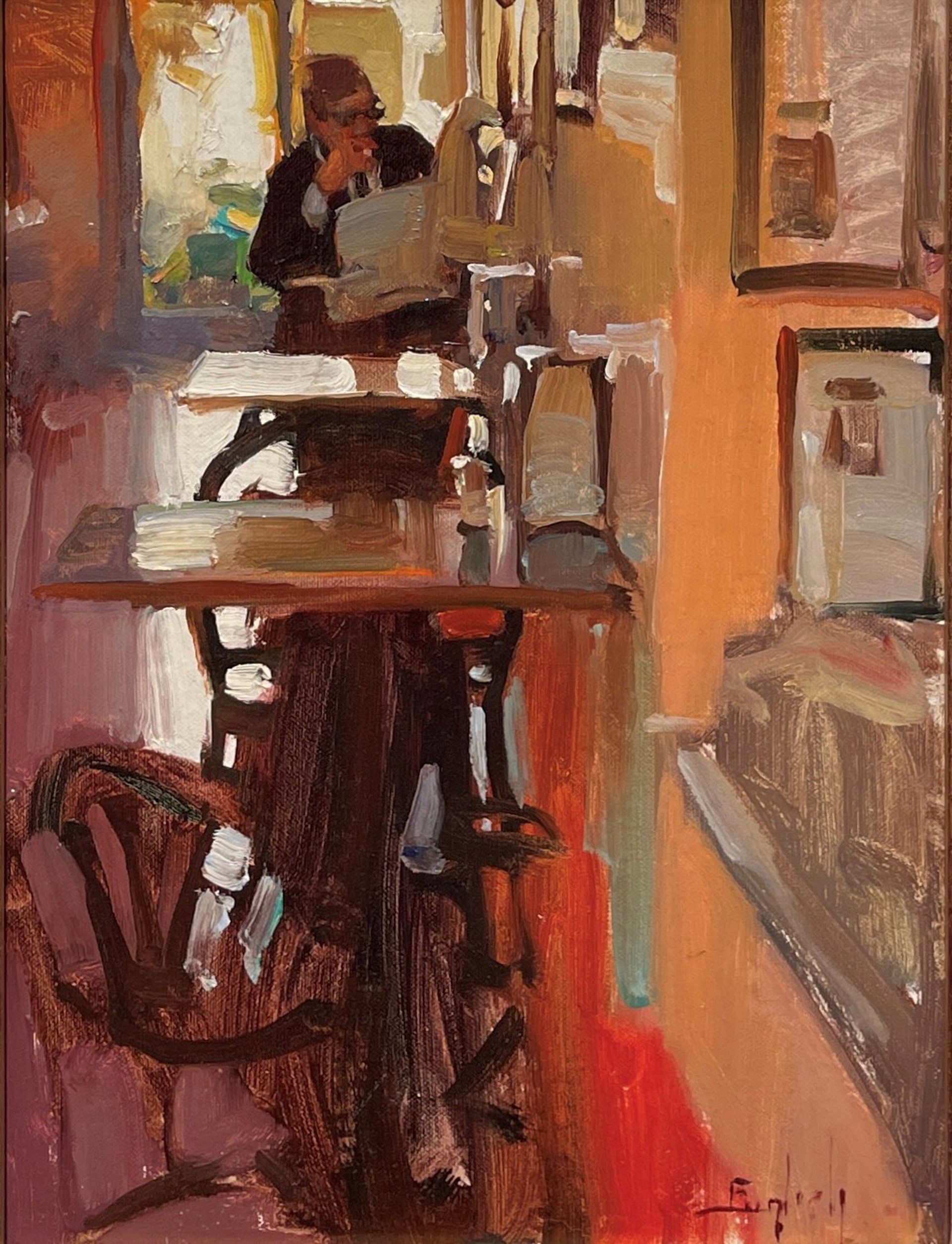 A painting of a man sitting at a table in a room.